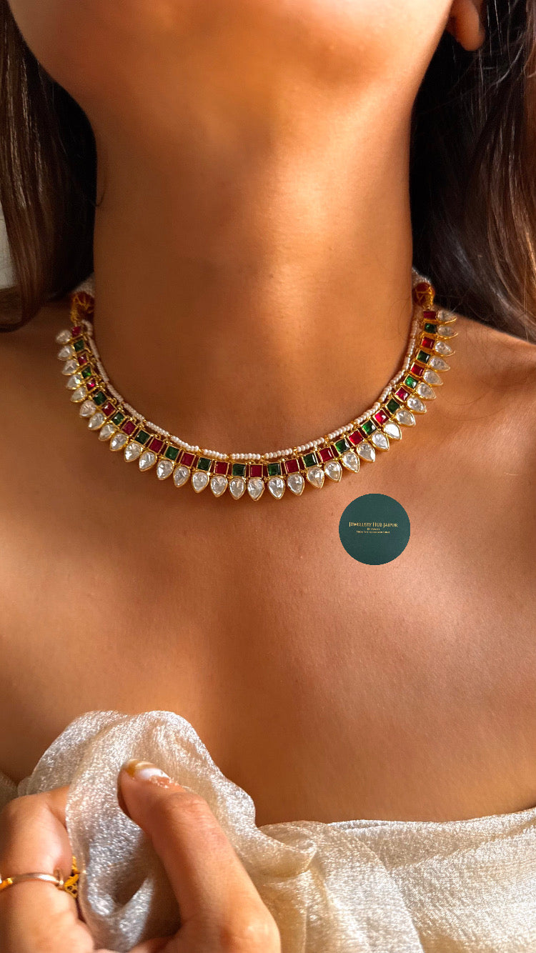 Minimalist real moissanite emerald & ruby collar necklace