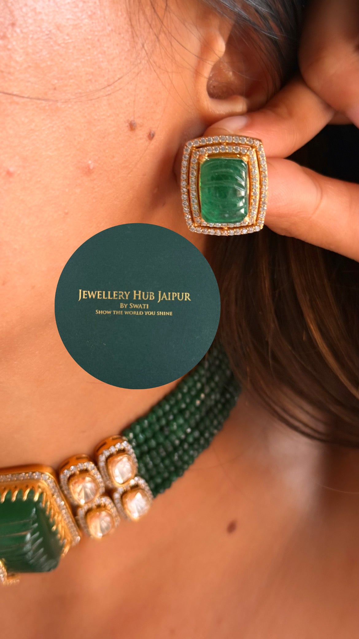 Emerald doublet & moissanite polki choker set