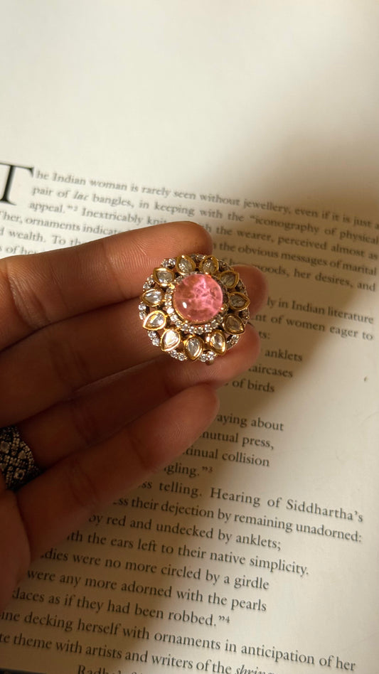 Rose quartz doublet moissanite floral adjustable ring