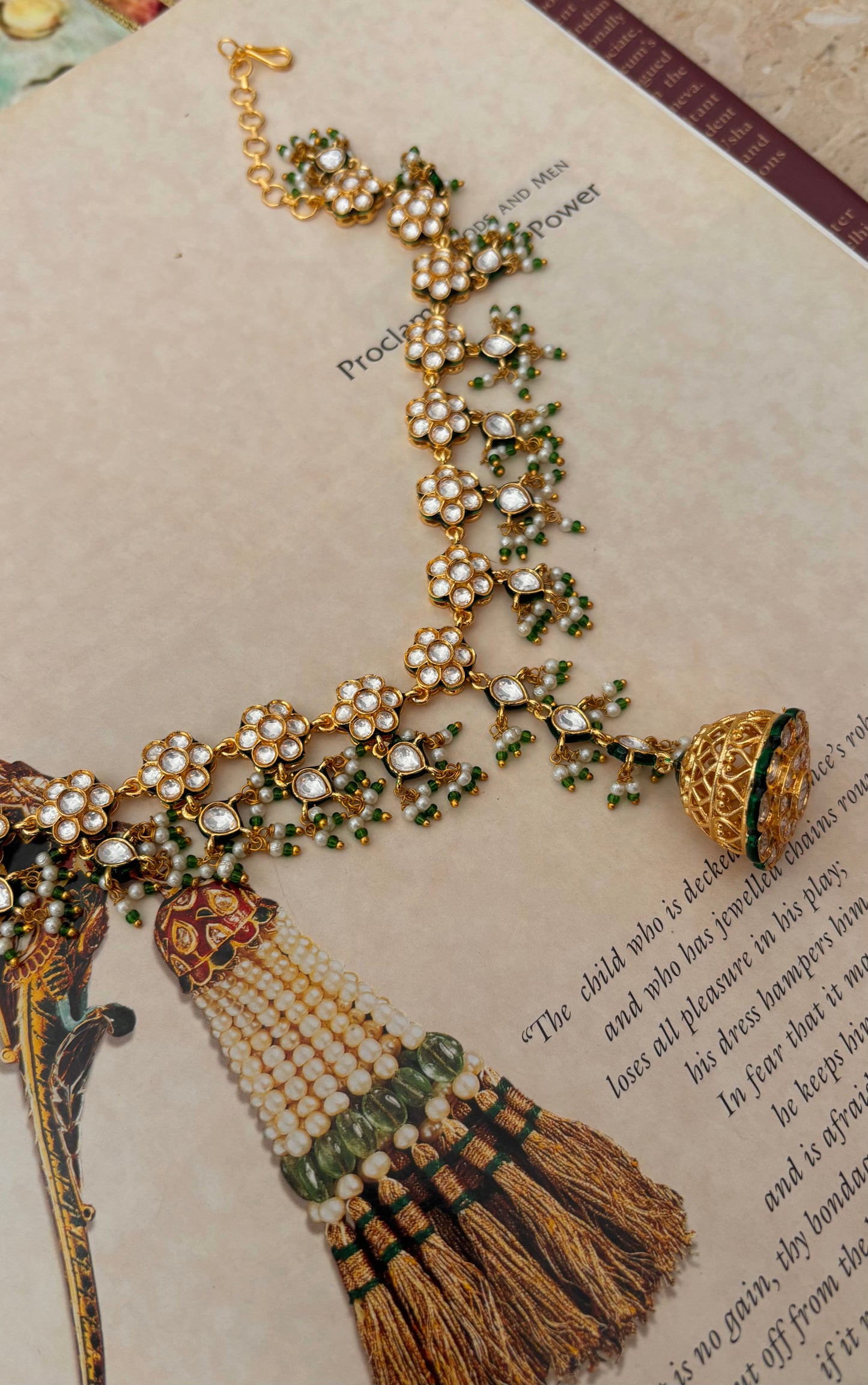 Emerald meenakari polki borla maangtika with mathapatti