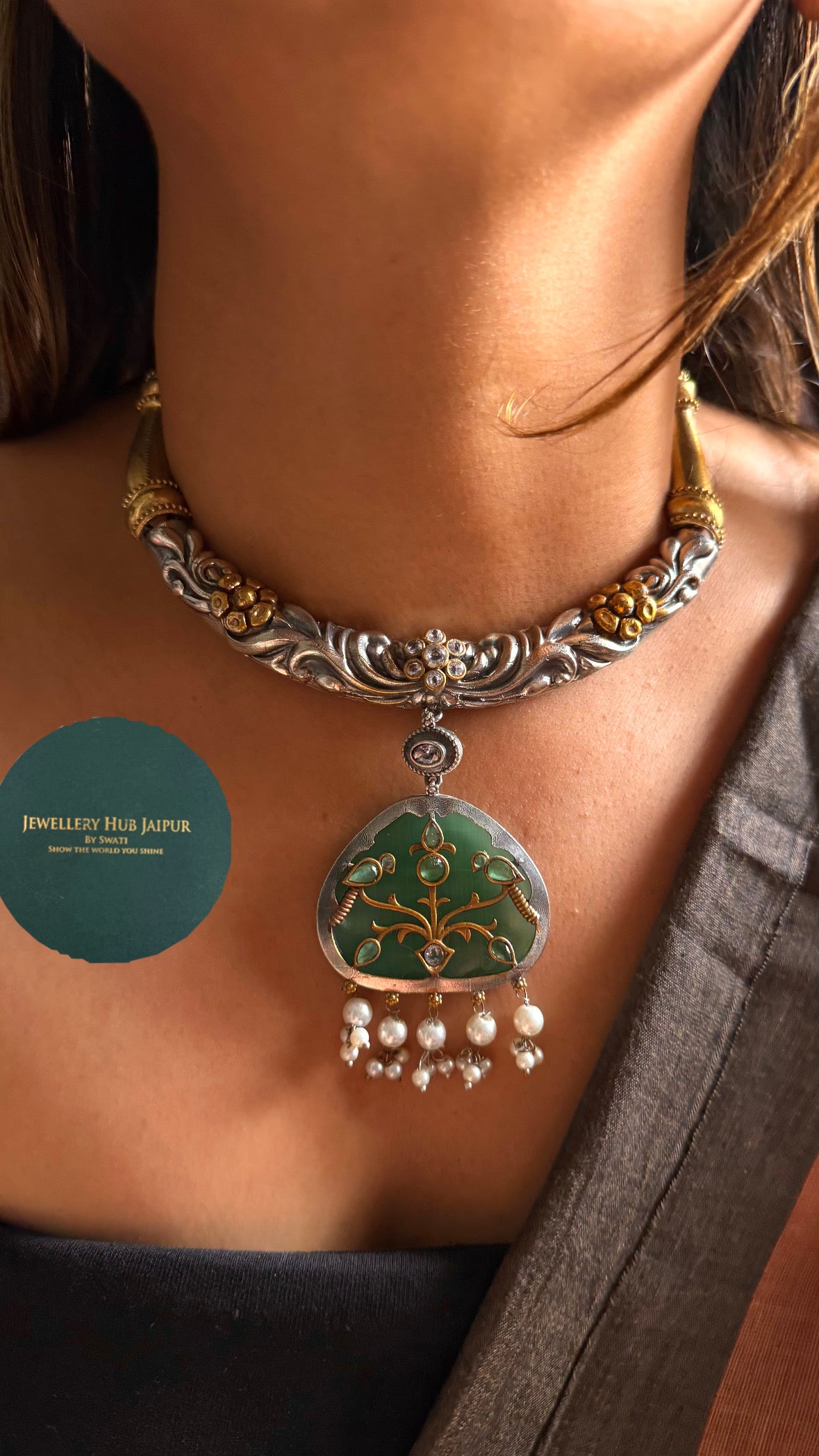 Silver & Gold Floral Saanjh tribal Hasli with mint Pendant
