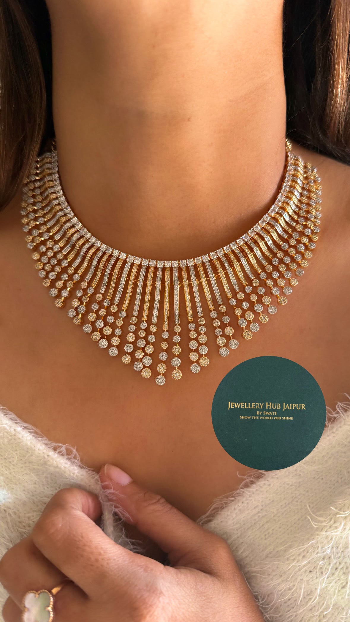 Gold & silver polish rain drop diamond necklace