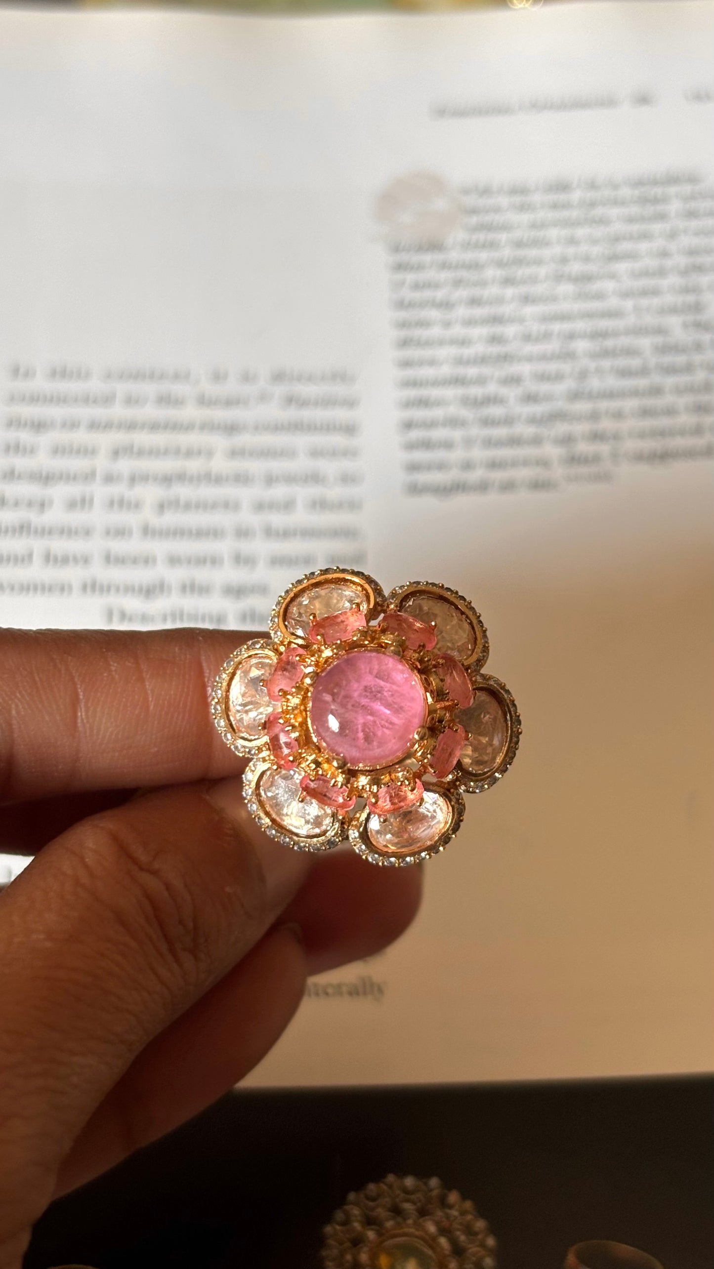 Rose quartz floral pattern Ring
