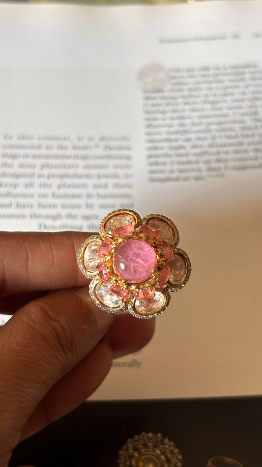 Rose quartz floral pattern Ring