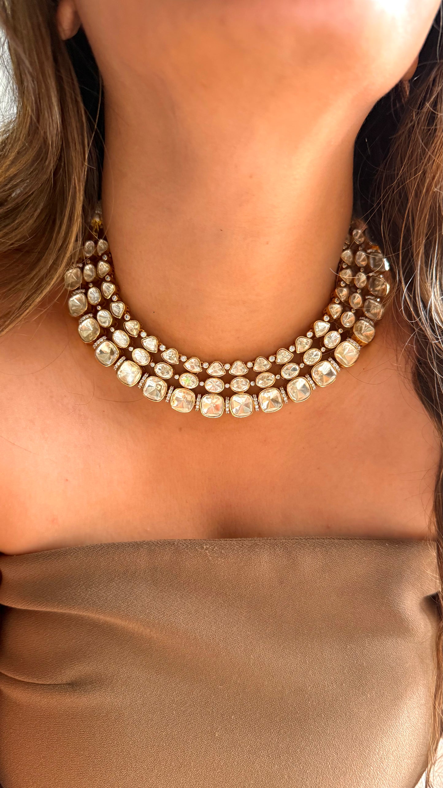 Real moissanite peeli polki triple line collar necklace