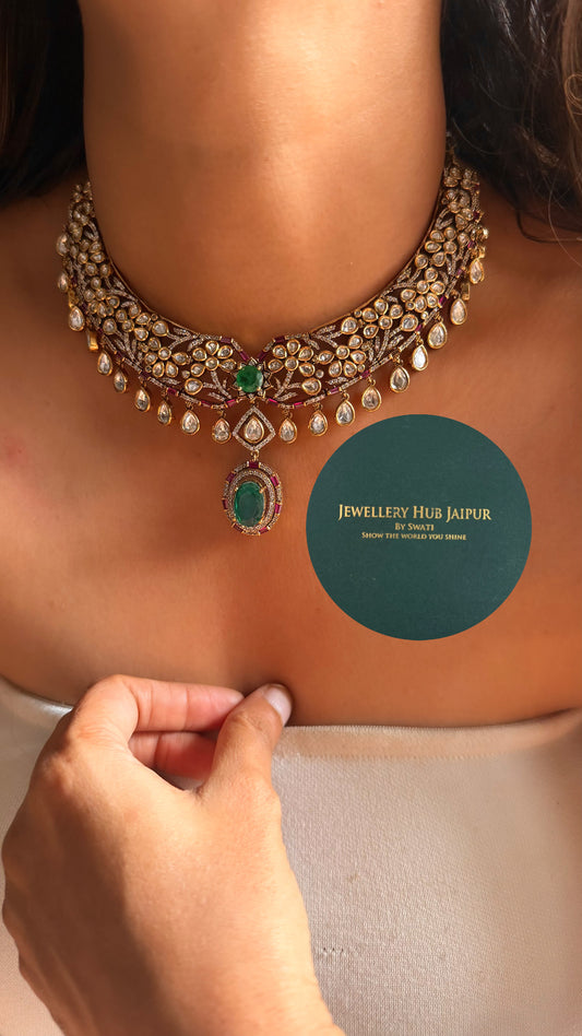 Emerald doublet & rani pink moissanite floral designer collar set