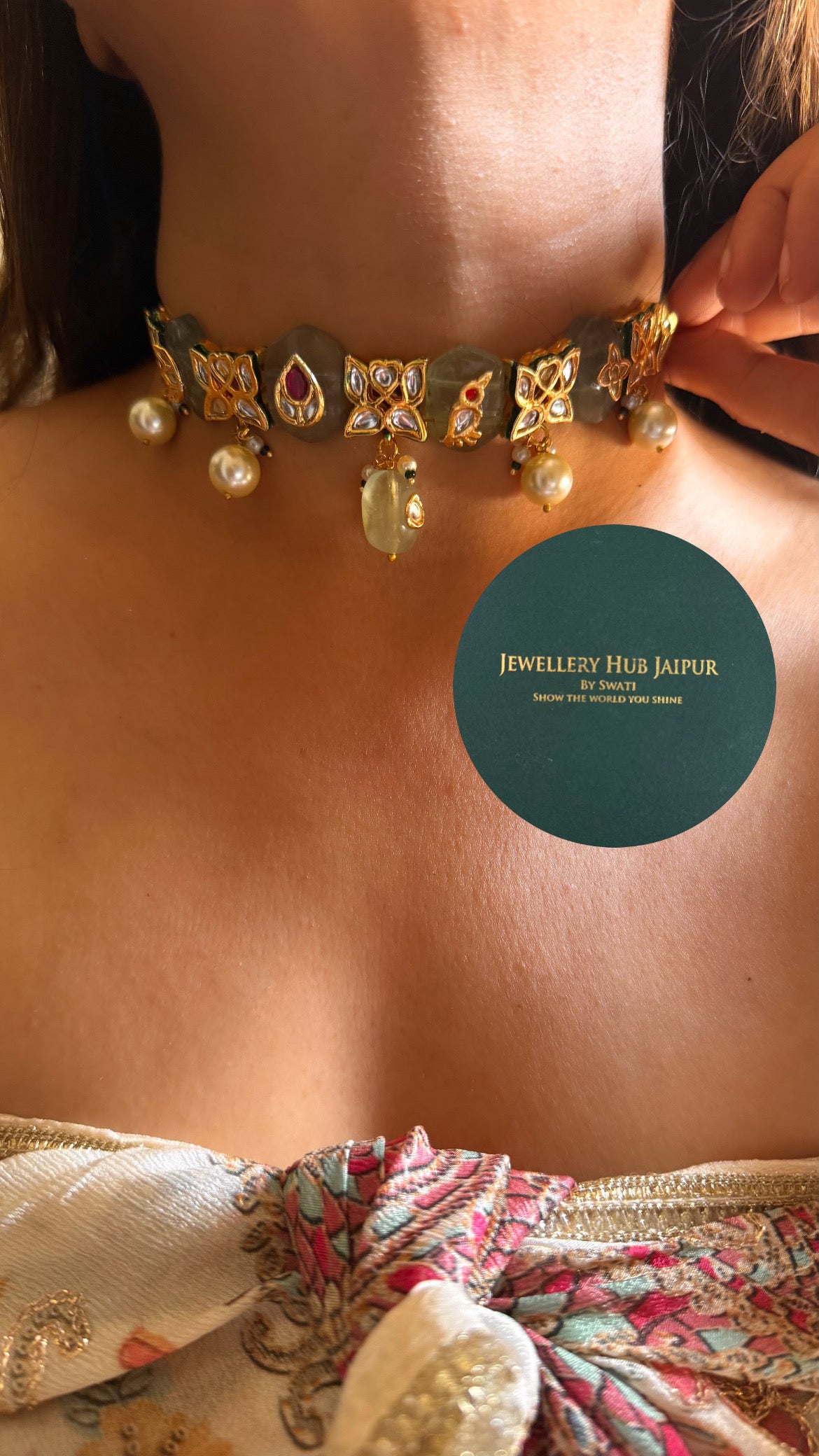 Mint inlay work & emerald meenakari paachi choker set