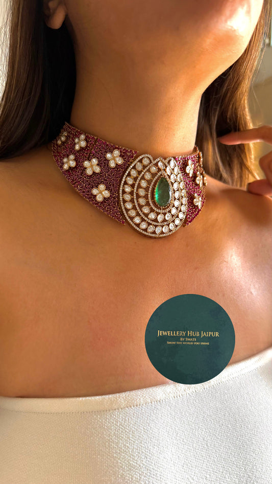 Rani pink & mint drop doublet moissanite flower choker set