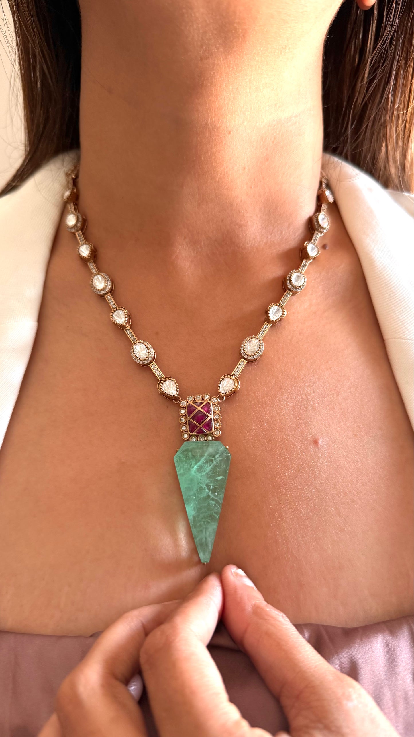 Eshvini Mint & ruby katdana moissanite mid length necklace