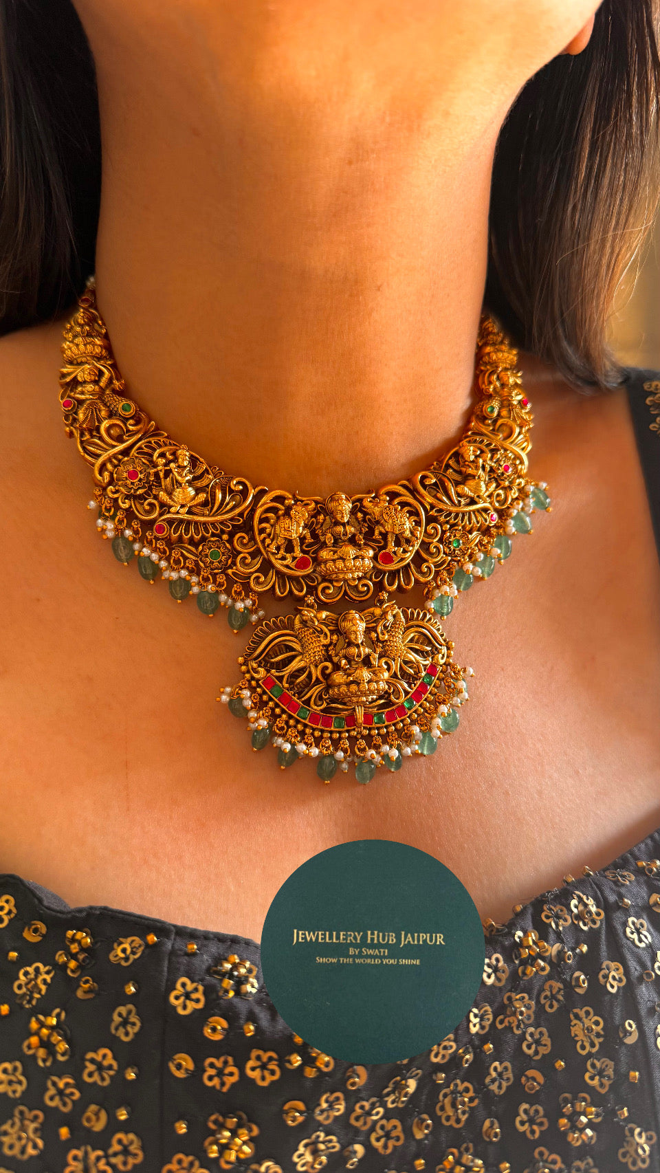 Goddess Laxmi inspired paachi kundan temple necklace with mint drops