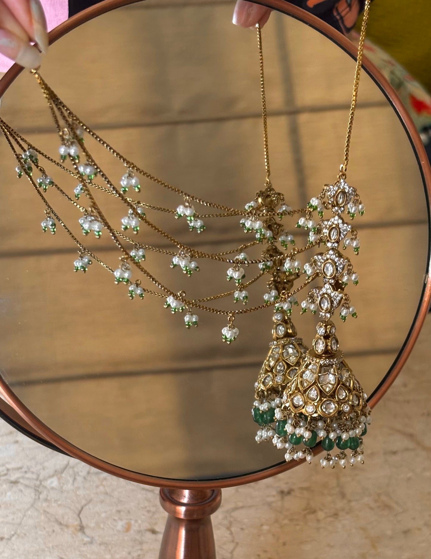 Polki Jhumki emerald pearl detailing with attach kaan chain Earrings
