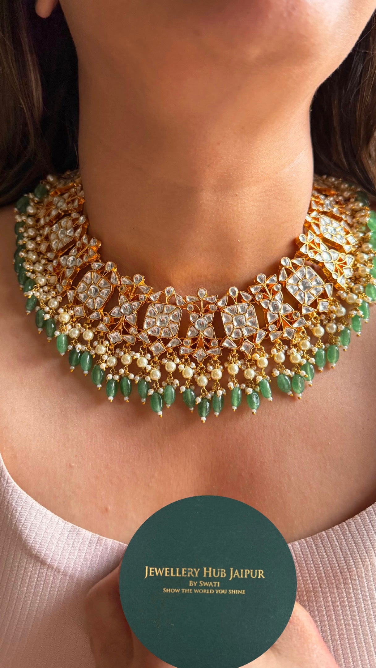 Handmade jadau strawberry drops mint collar necklace