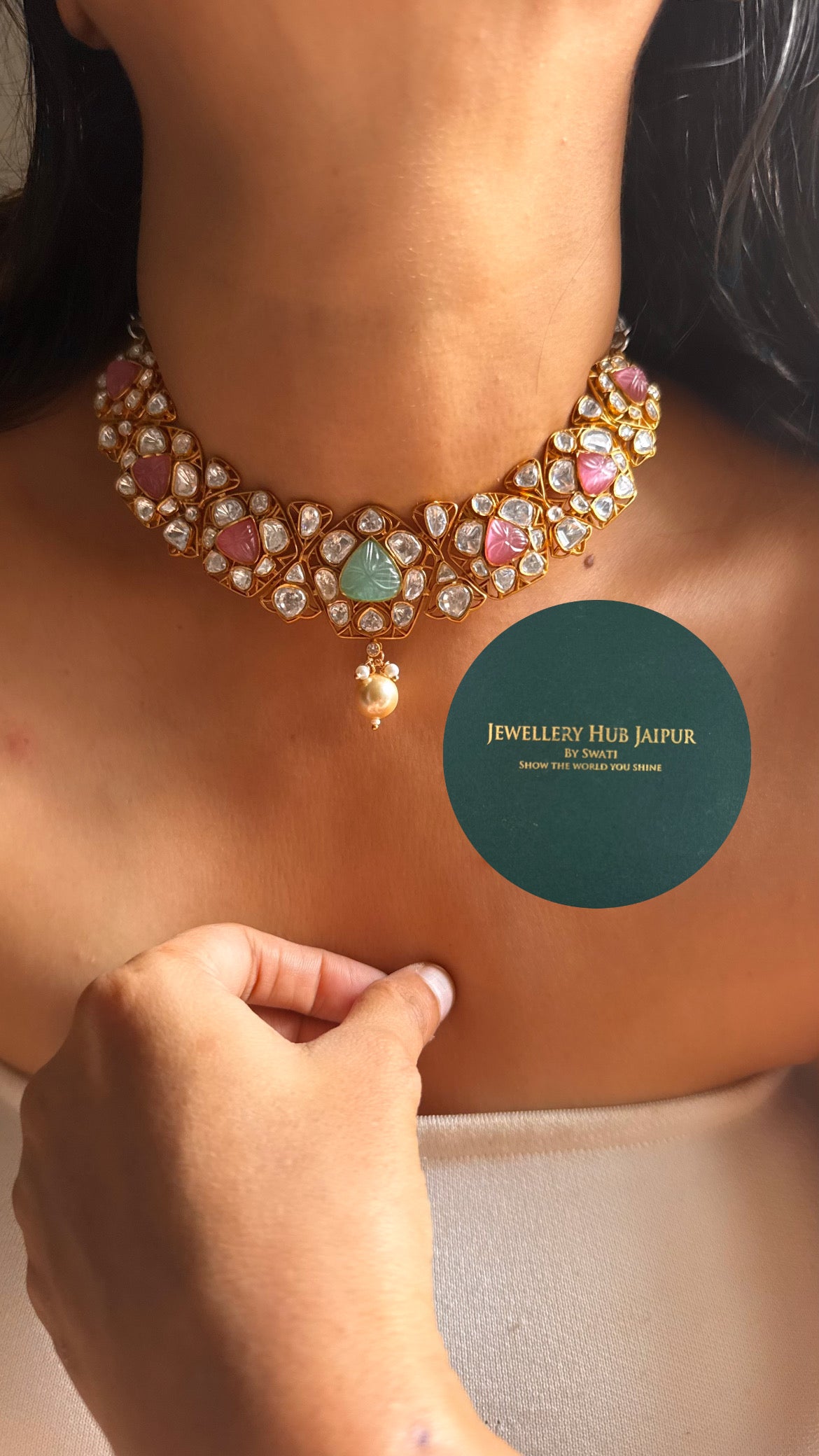 Mint & rose quartz doublet moissanite with pearl collar set