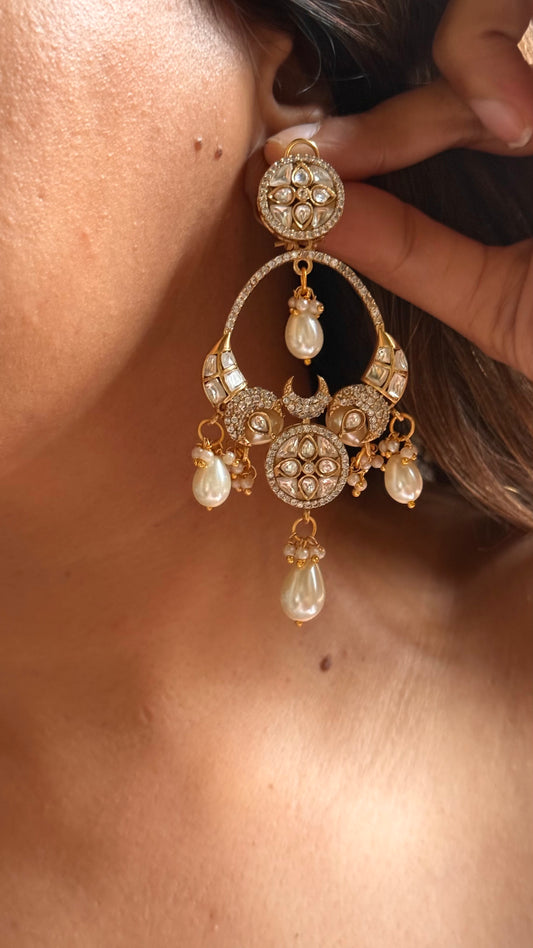 Moissanite polki with white pearl drop chandbali