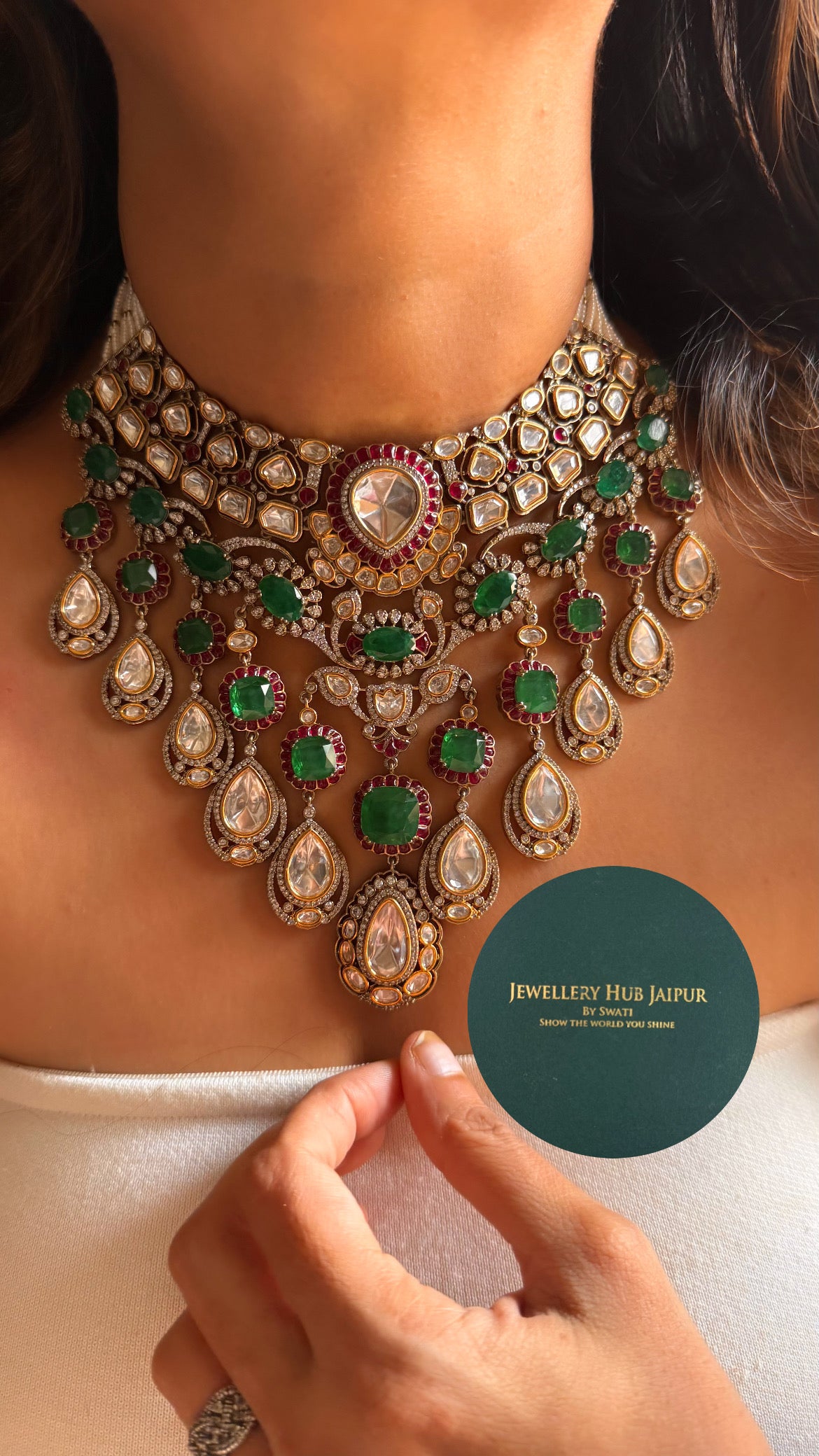 Emerald doublet & rani pink moissanite uncut polki bridal choker set