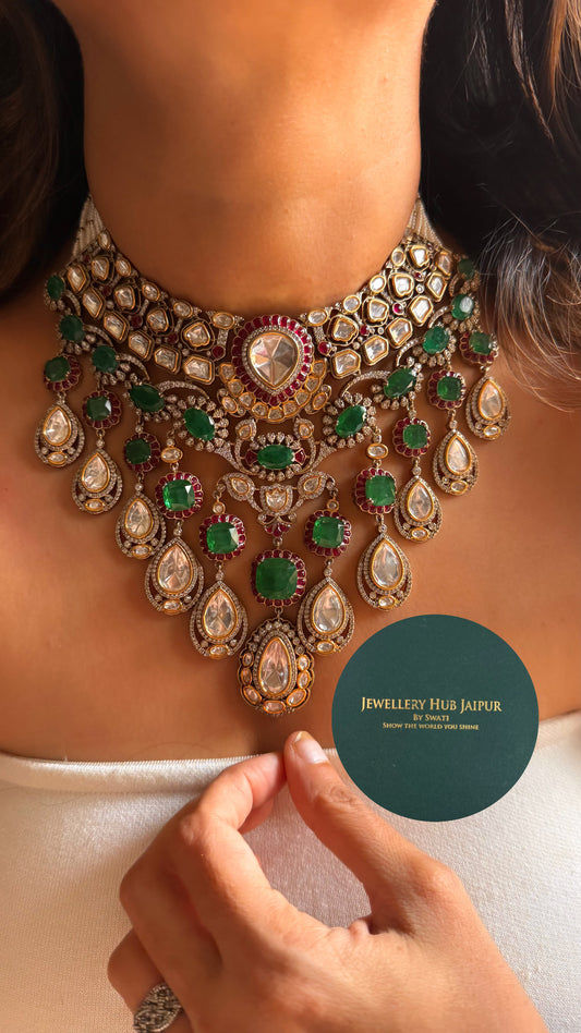 Emerald doublet & rani pink moissanite uncut polki bridal choker set
