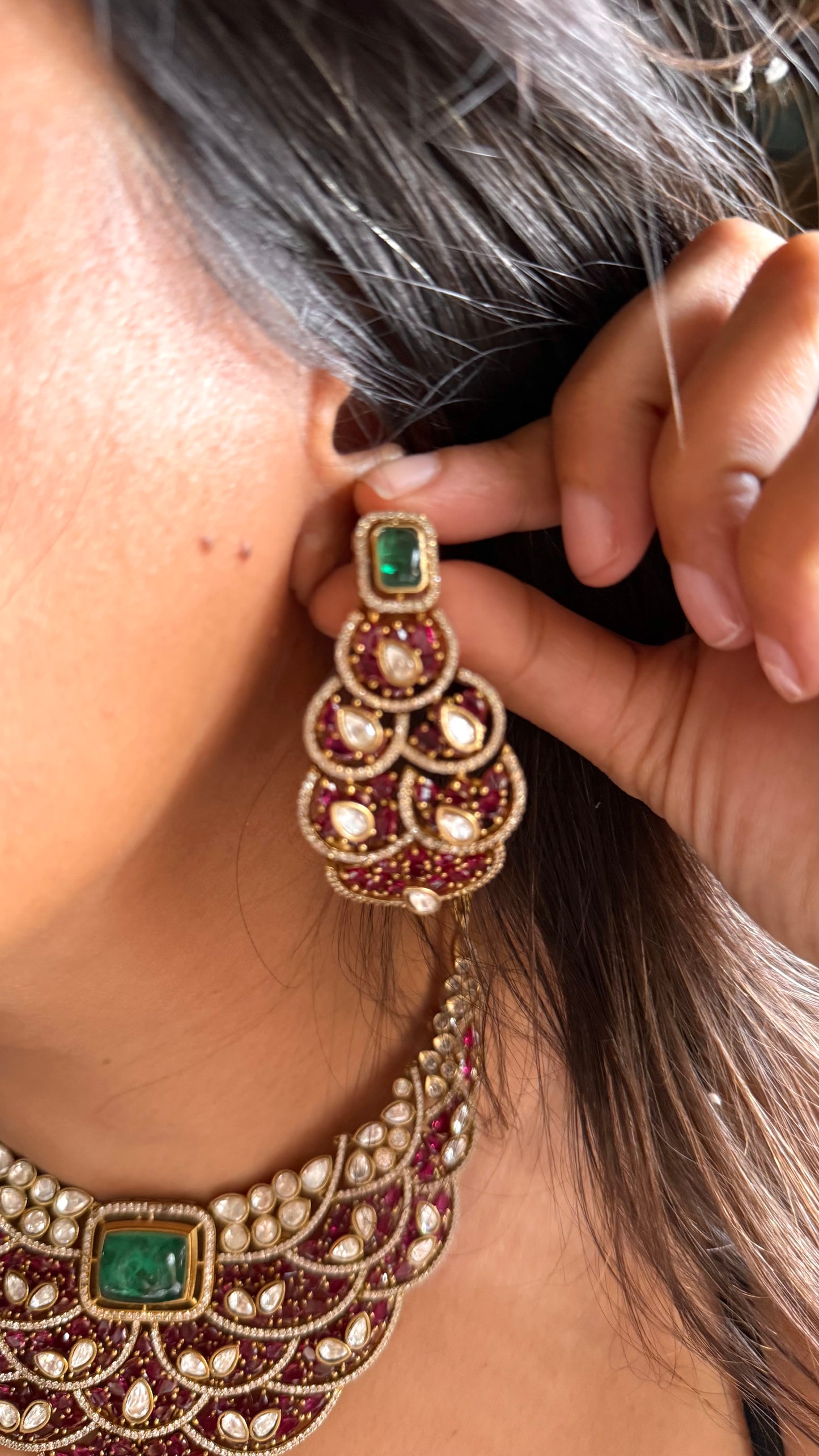 Emerald doublet & rani pink feathered designer Necklace