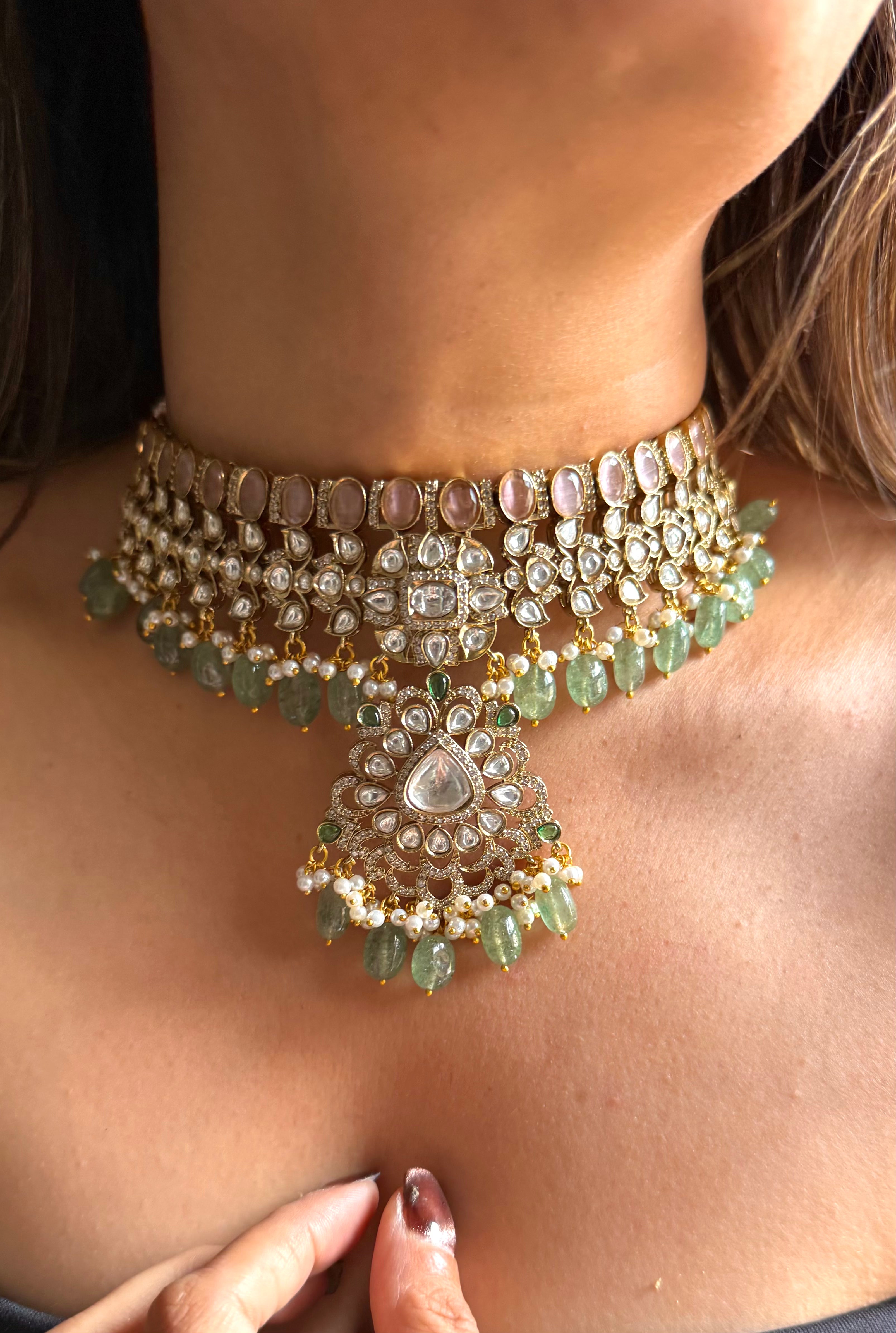 Rose quartz & moissanite polki with mint drops choker