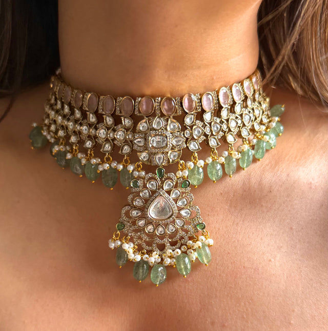Rose quartz & moissanite polki with mint drops choker