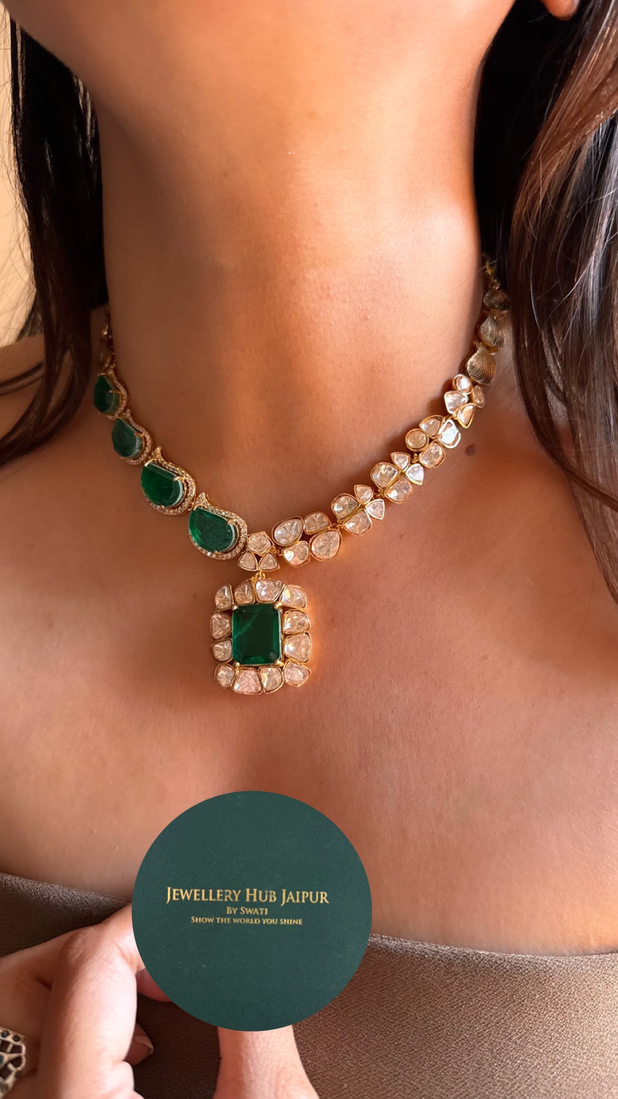 Emerald doublets with peeli polki Moissanite Necklace