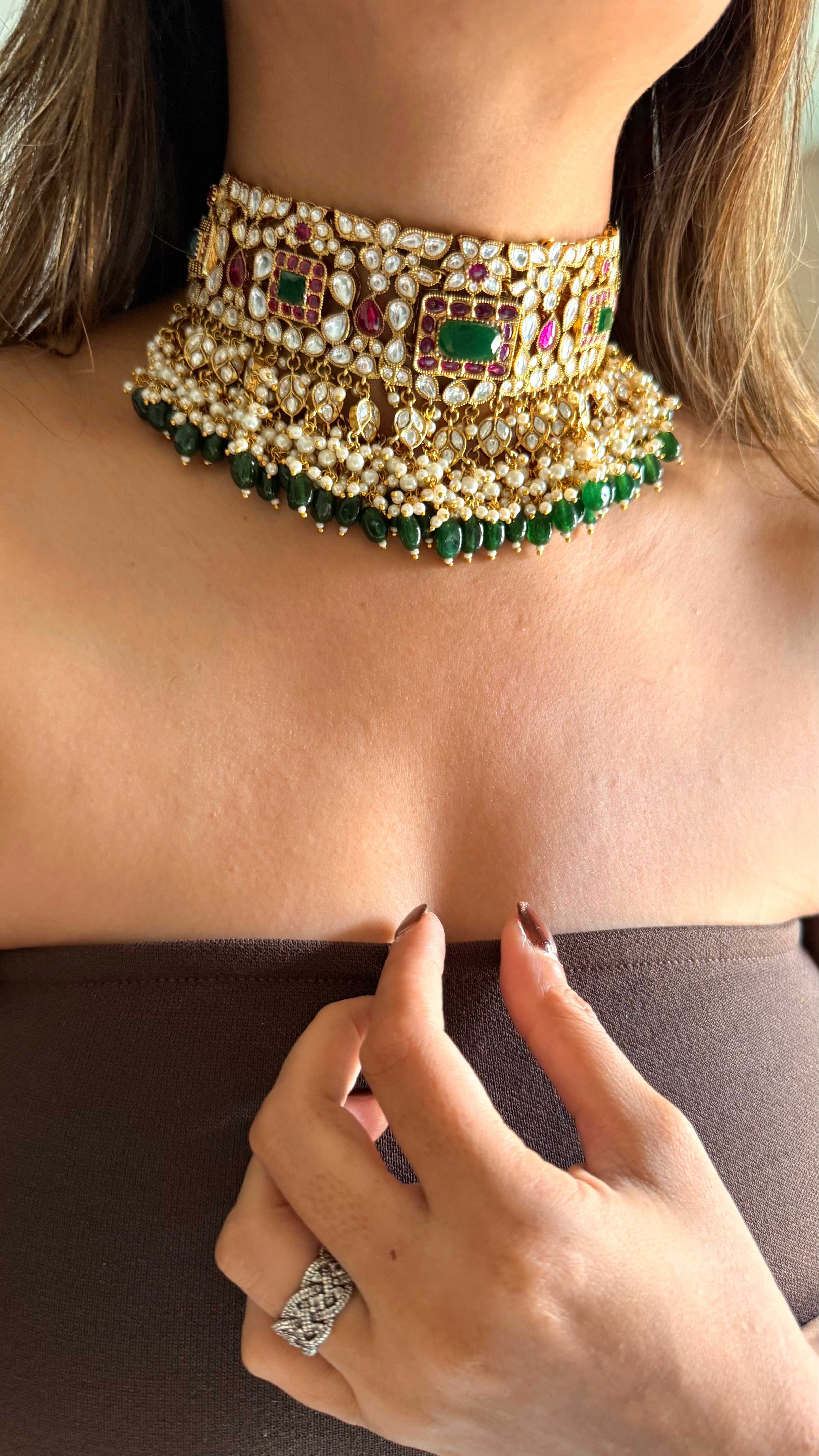 Emerald doublet & rani pink Moissanite floral choker