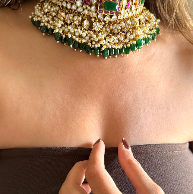 Emerald doublet & rani pink Moissanite floral choker