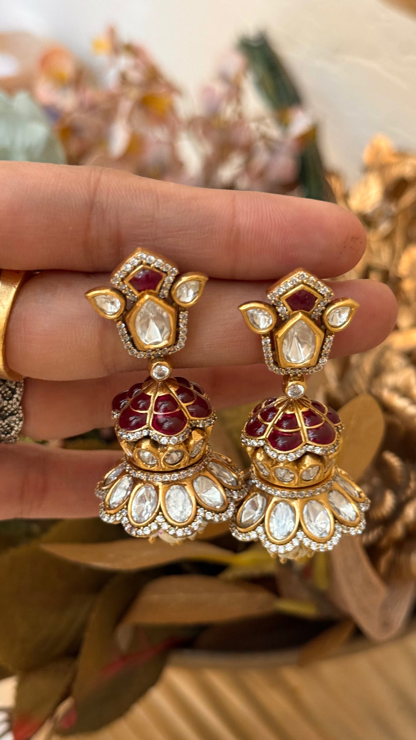 Ruby takkar work jhoomar style moissanite jhumki
