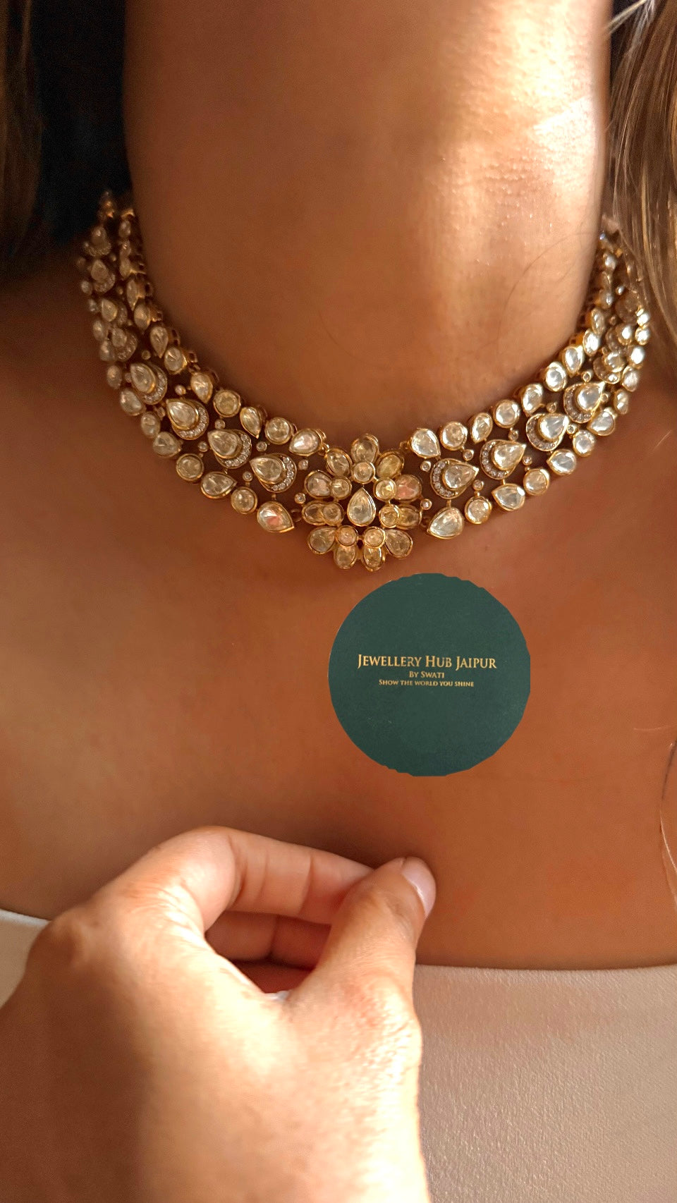 Floral real moissanite peeli polki Necklace