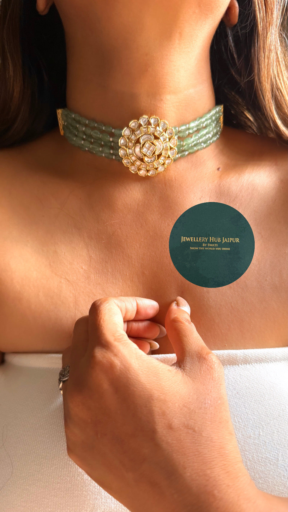 Real Moissanite polki floral mint thread choker set