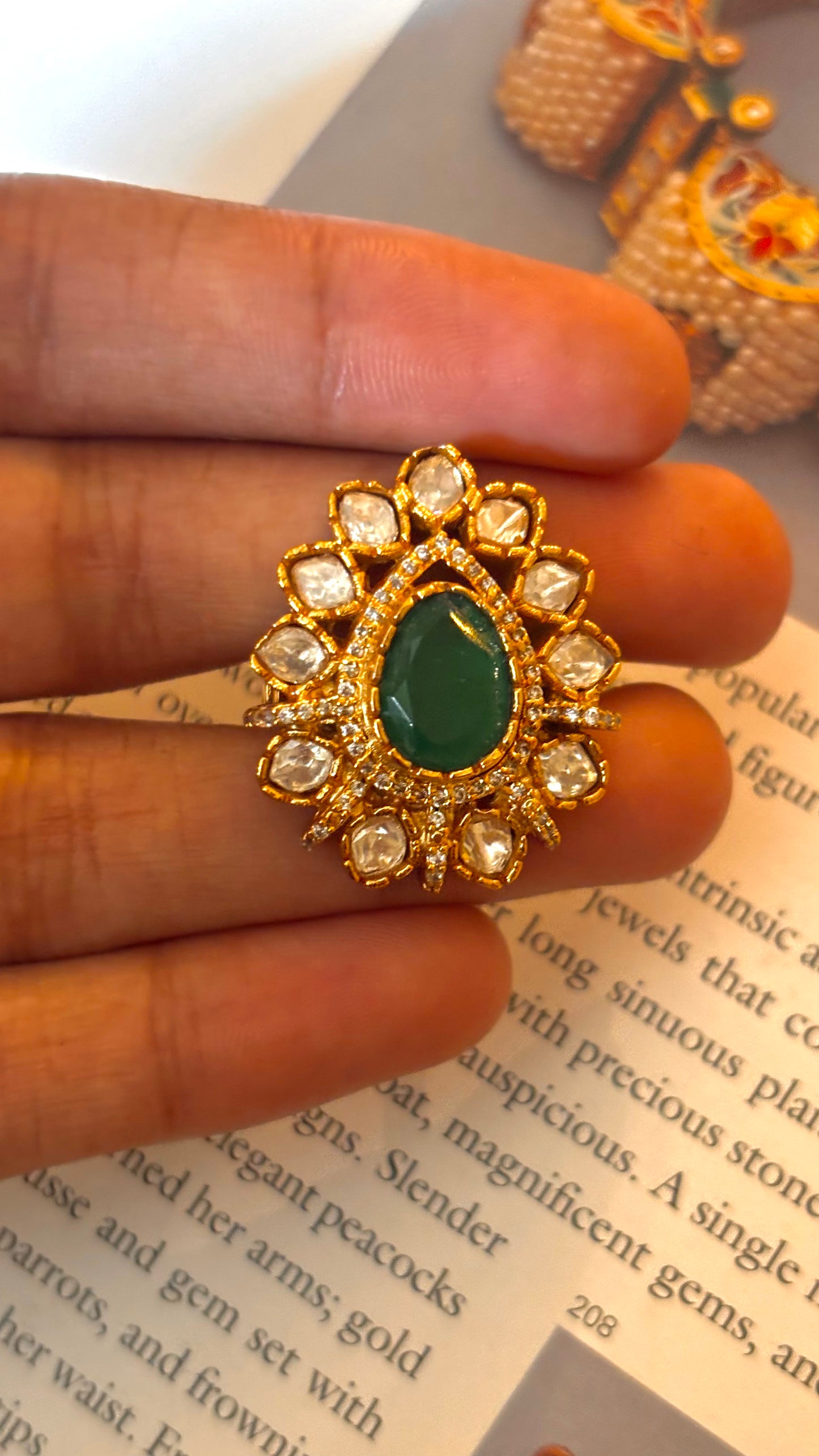 Emerald drop shape polki adjustable ring (lv)