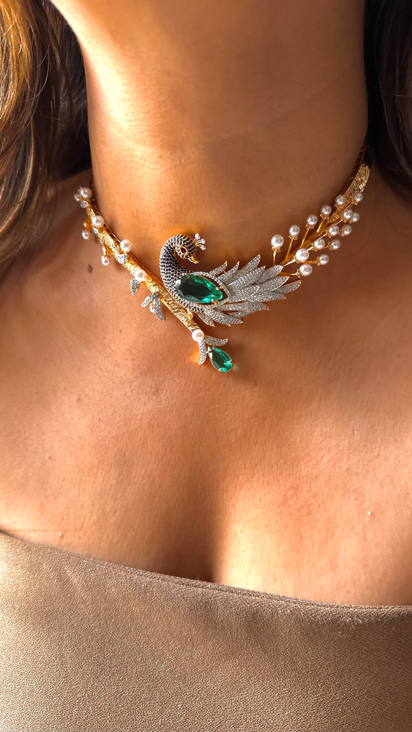 Peacock inspired pearl feather contemporary necklace