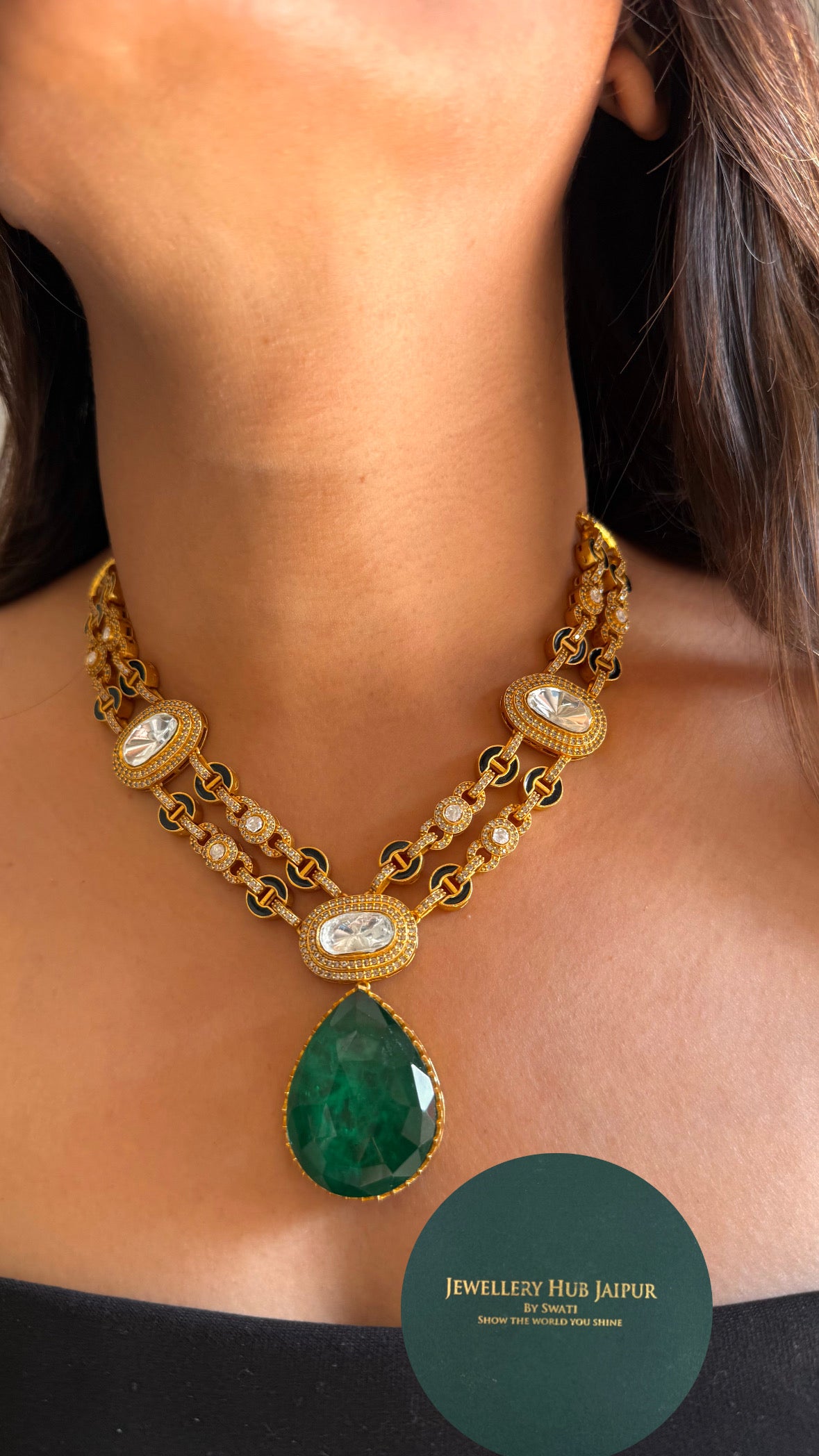 Emerald doublet & black meena cocktail necklace