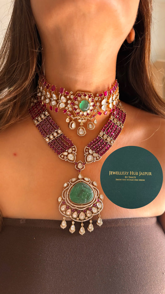 Mint doublet & rani pink moissanite bridal set