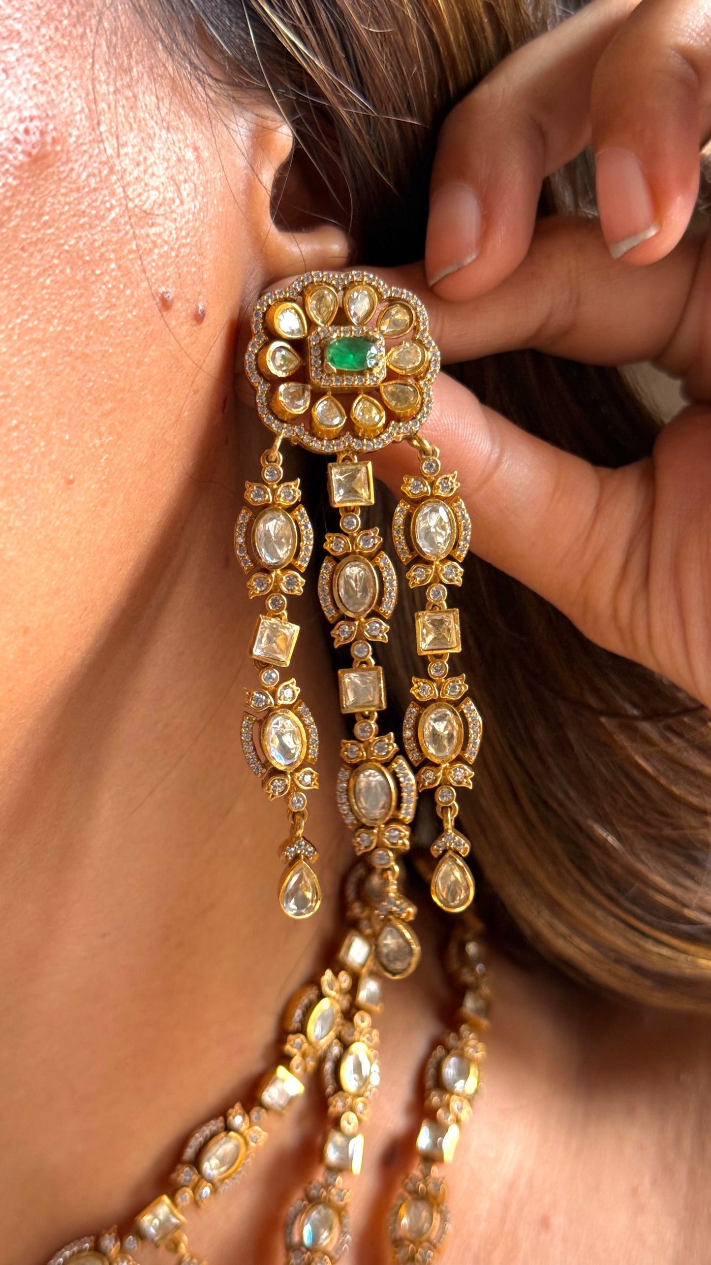 Triple layered emerald peeli polki Necklace