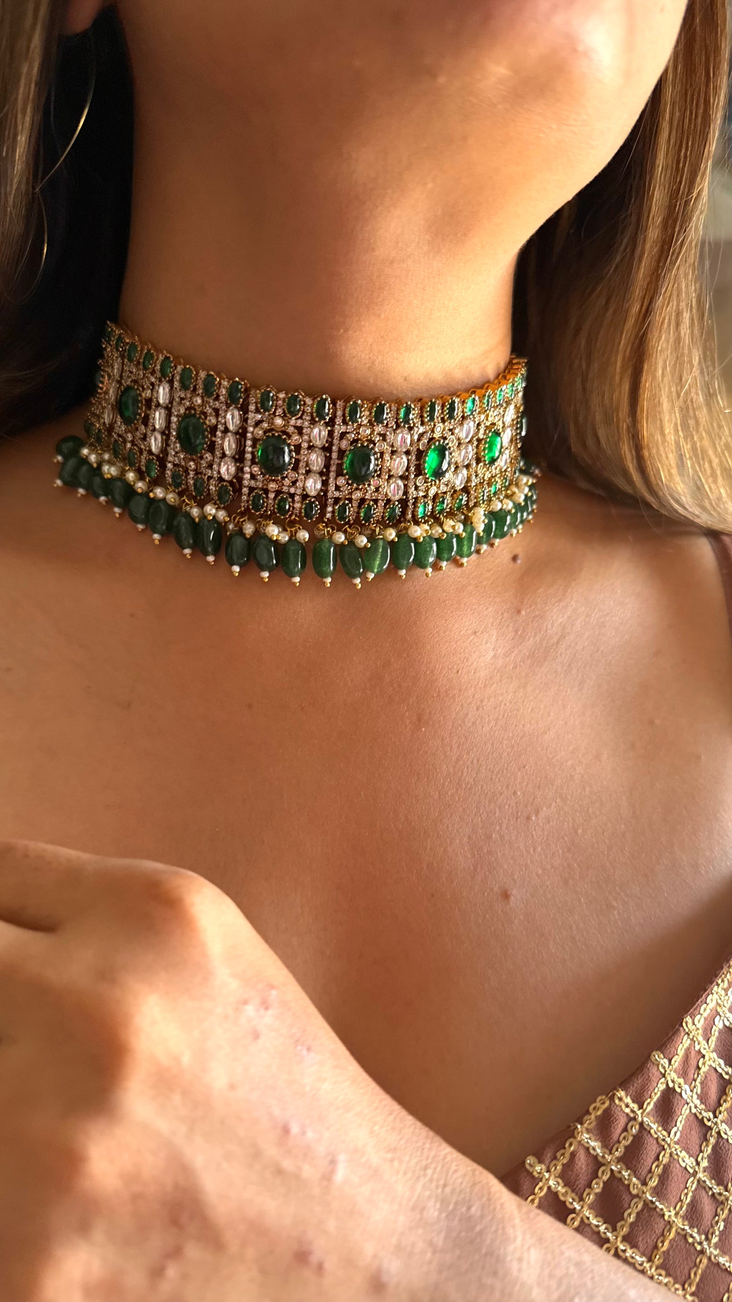 Karishma Emerald doublet moissanite choker