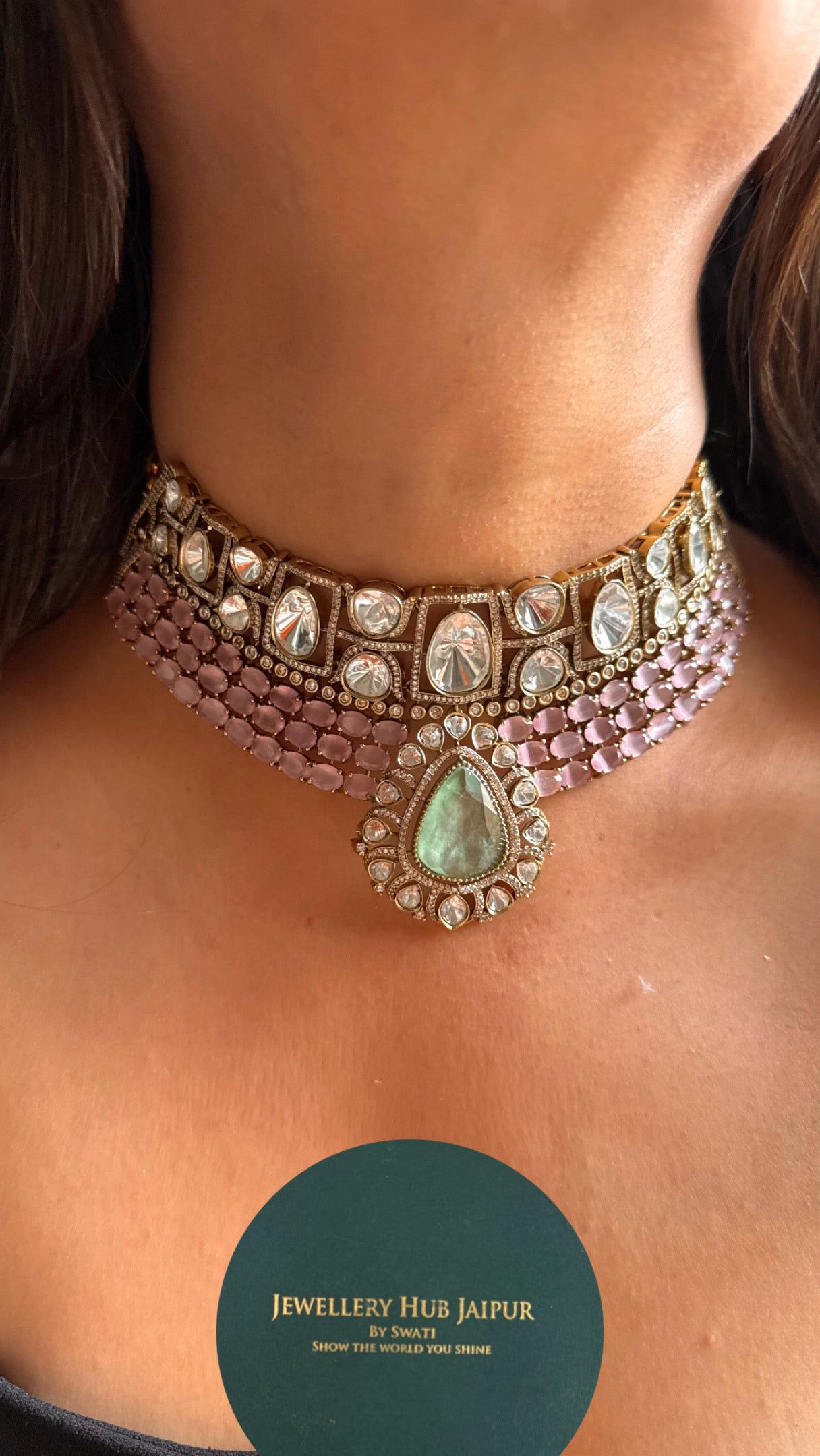Mint with rose quartz doublets choker Necklace