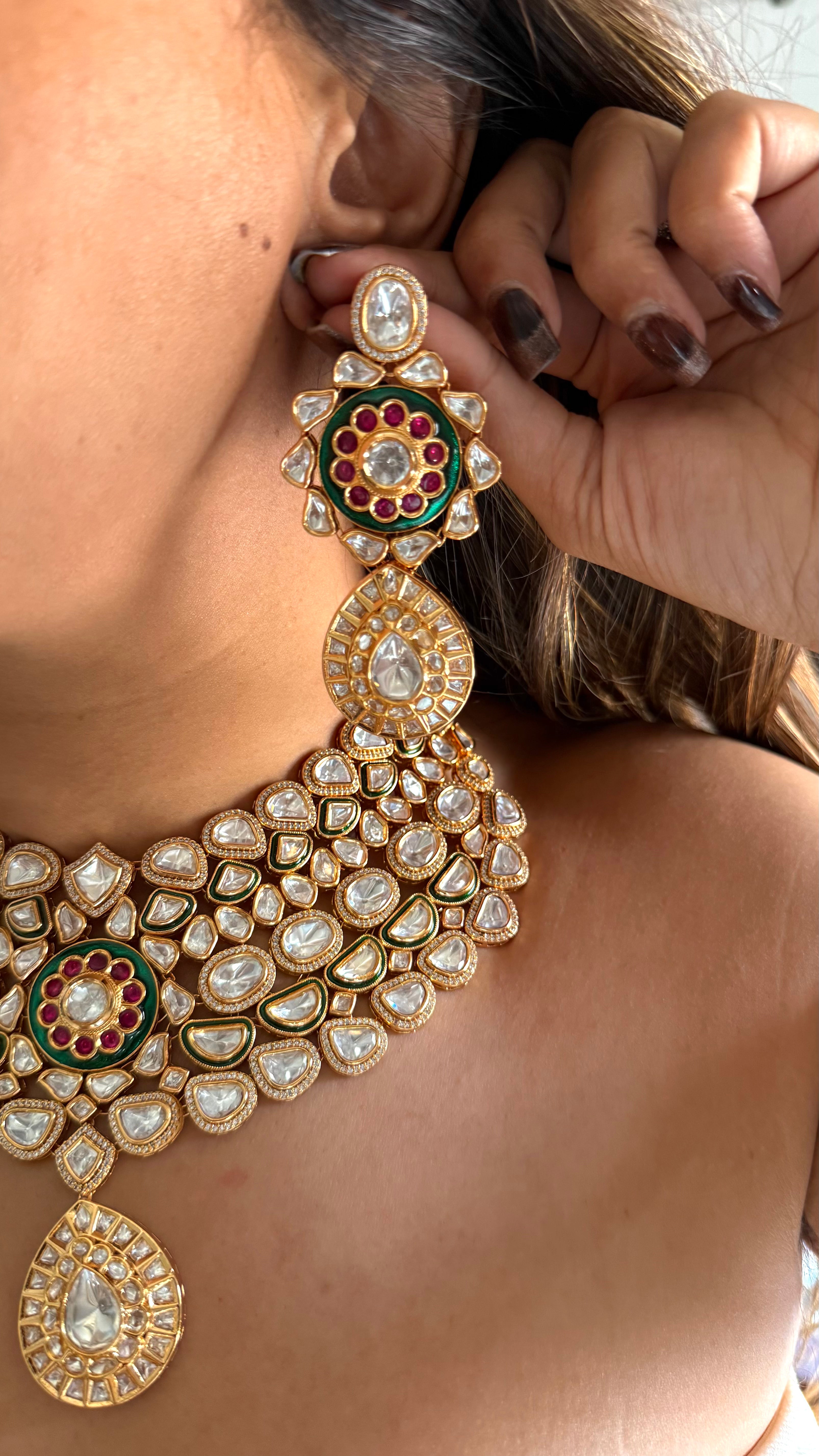 Emerald meenakari & ruby Moissanite uncut polki collar set