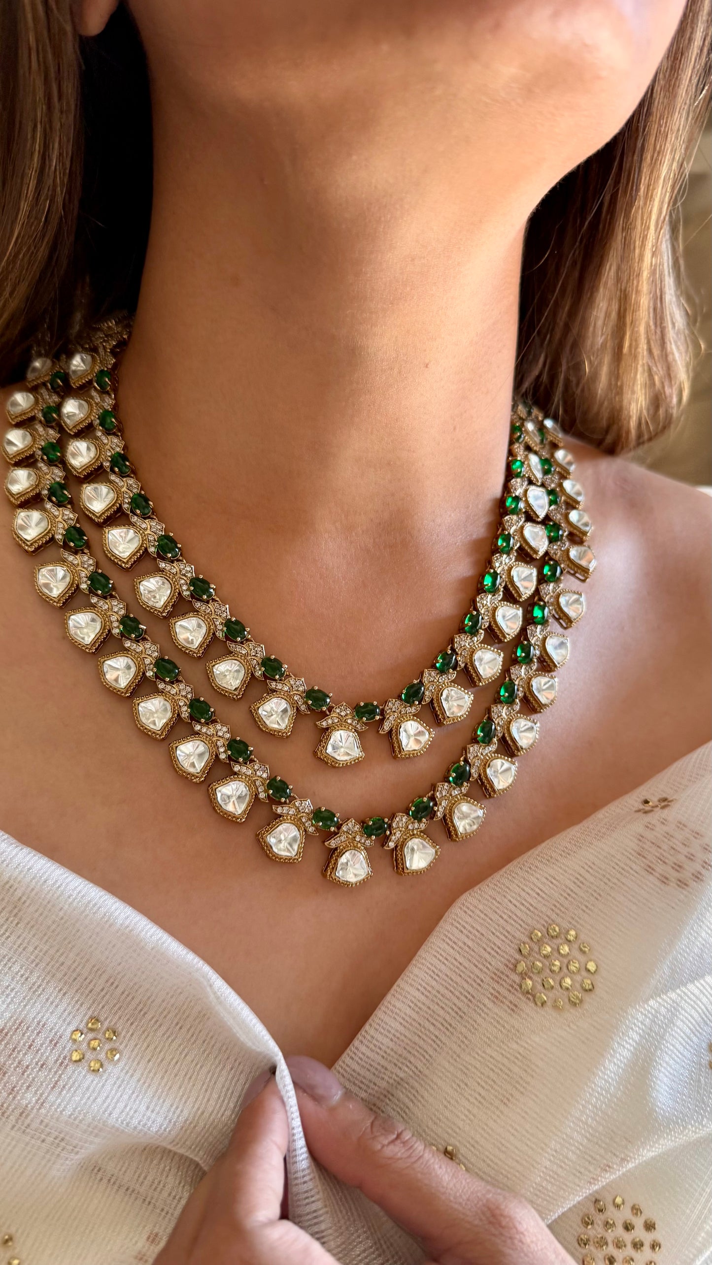 Emerald dual layered moissanite necklace
