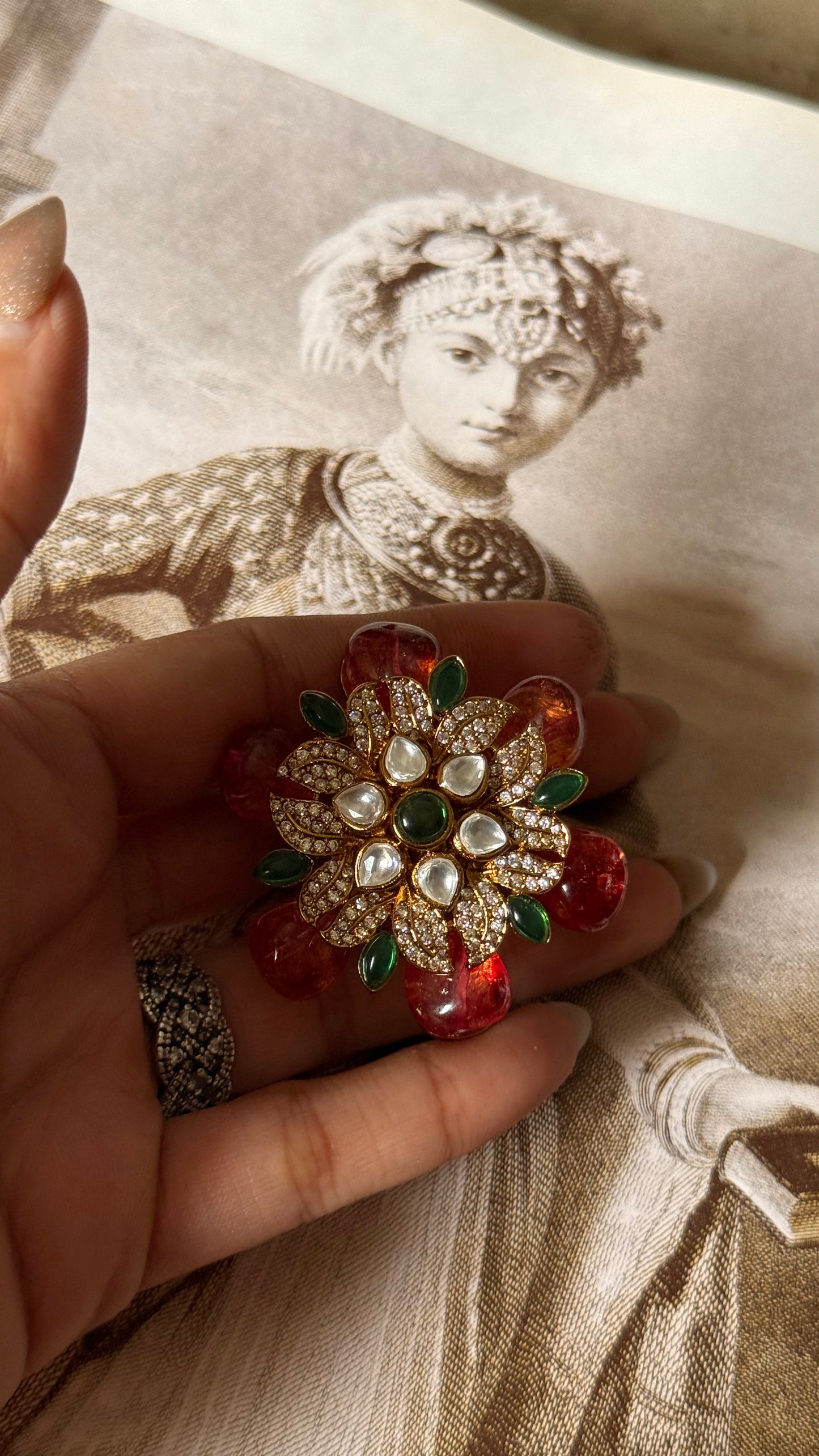Ruby & emerald floral adjustable ring
