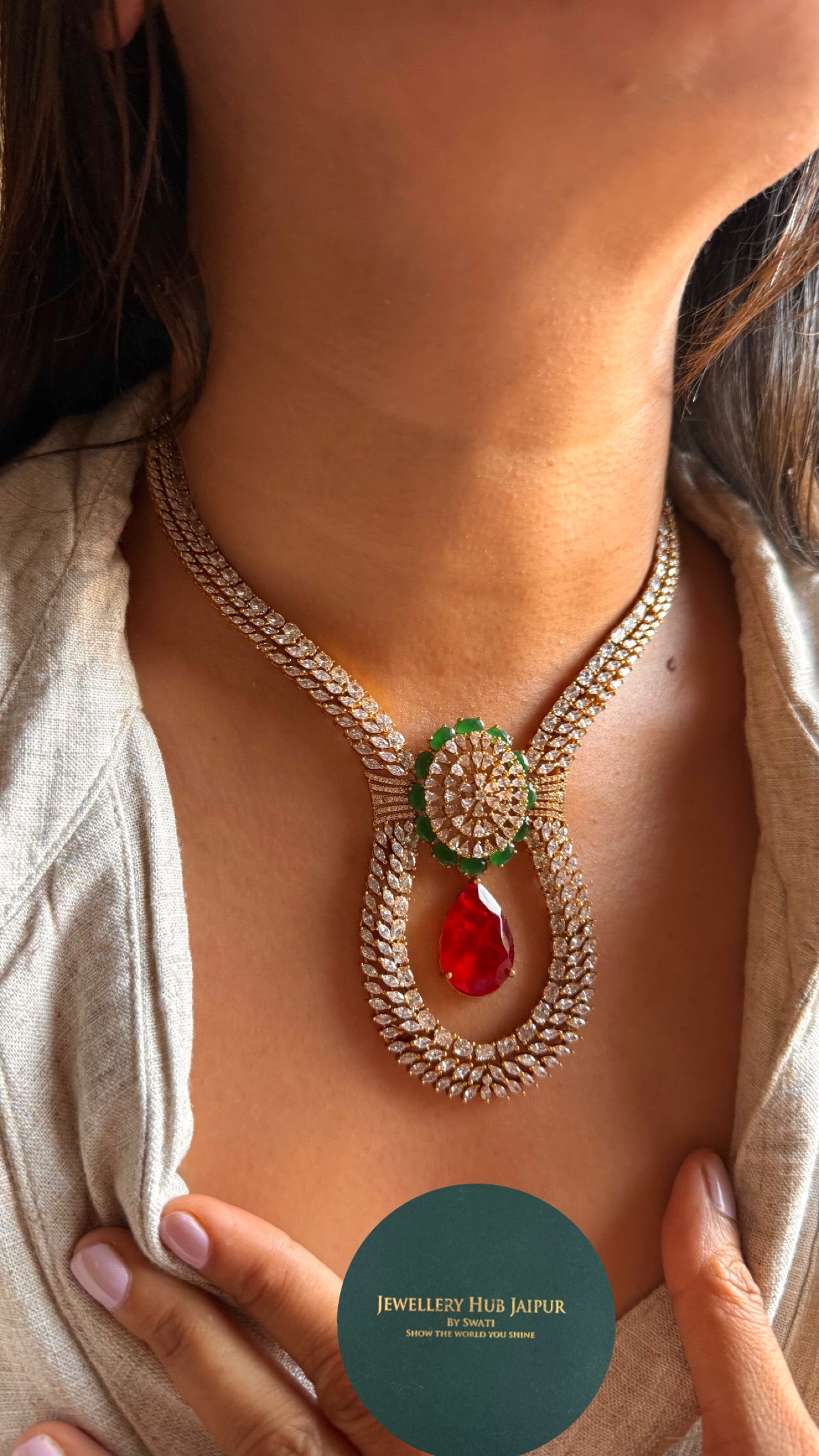 Emerald & ruby doublets with cz diamond designer necklace