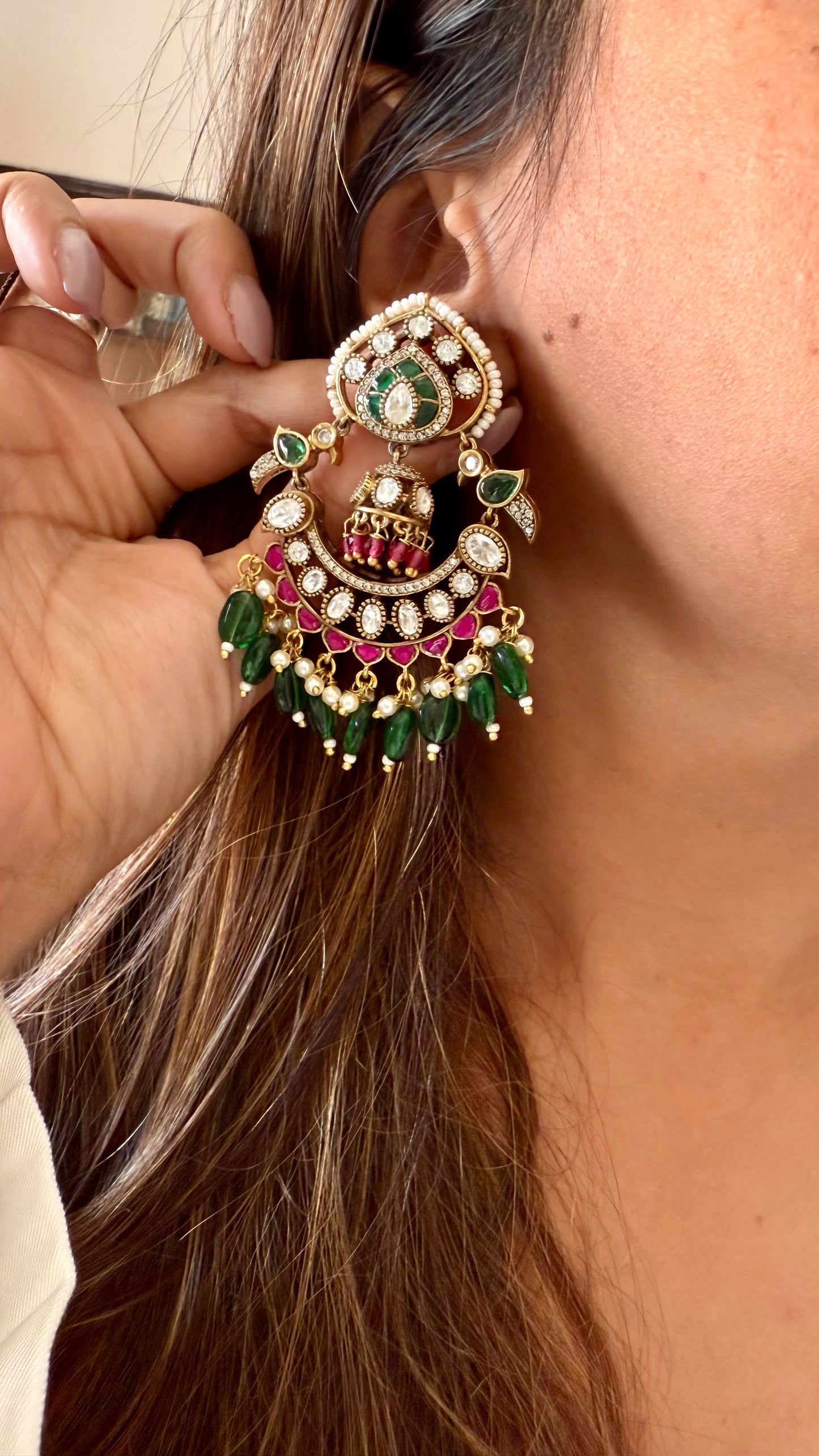 Rani pink & emerald moissanite polki chandbali