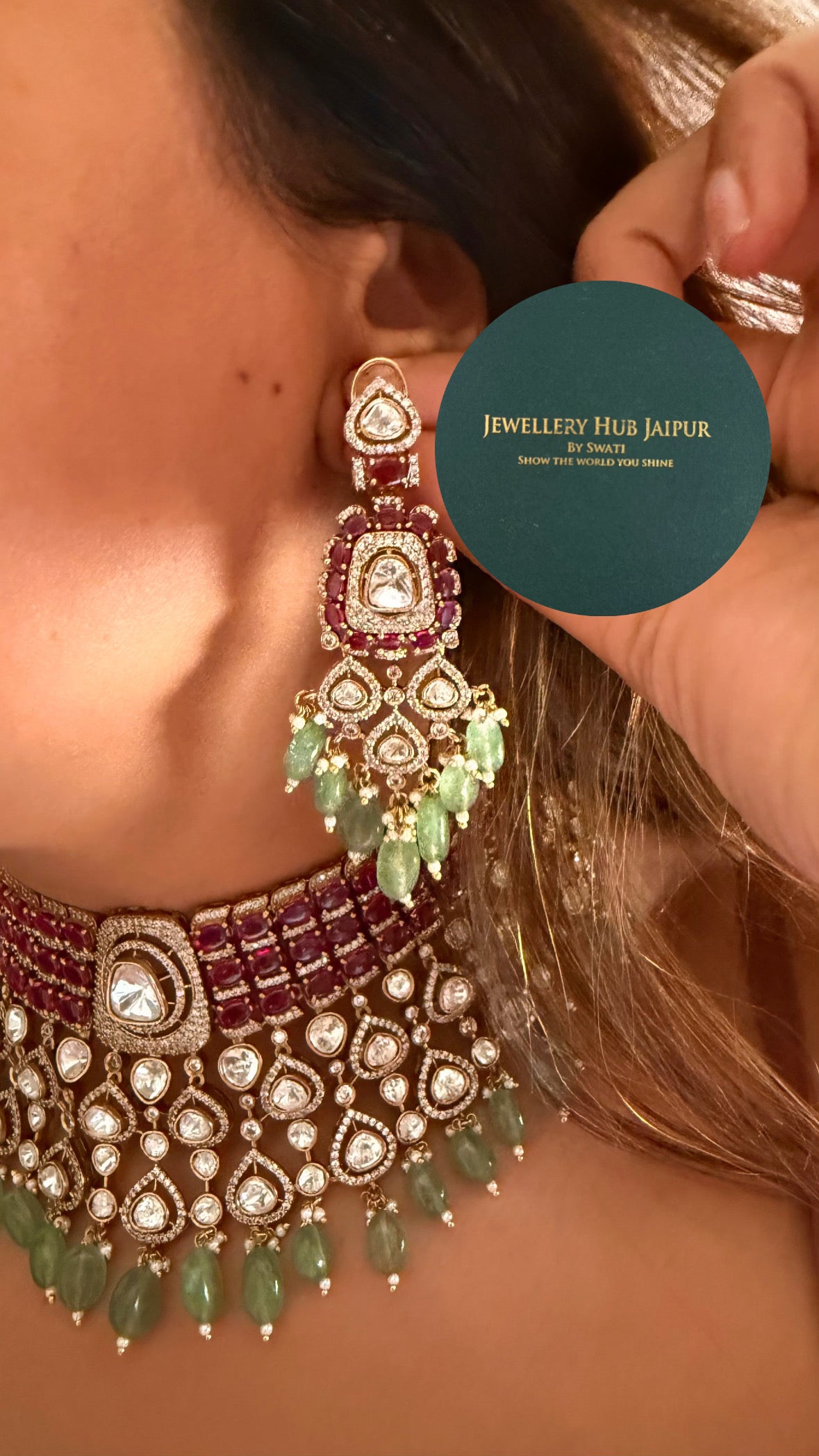 Anshika Rani pink moissanite polki & mint drops choker