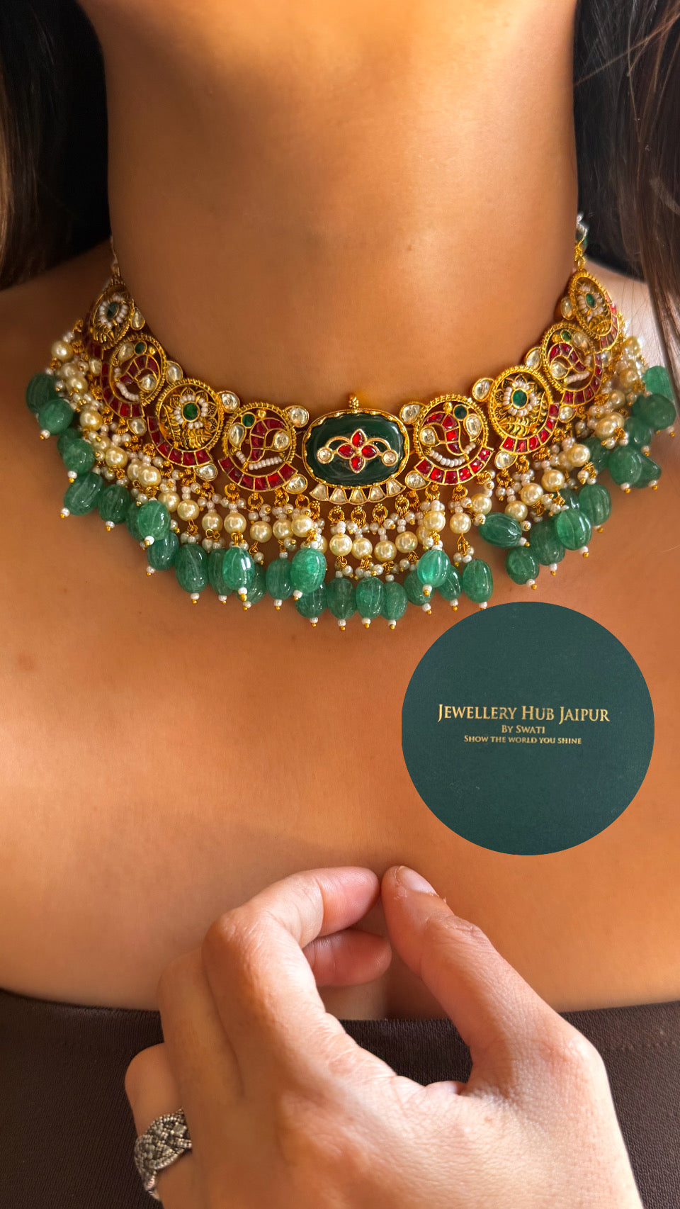 Emerald inlay work heritage necklace, set with Emerald detailing