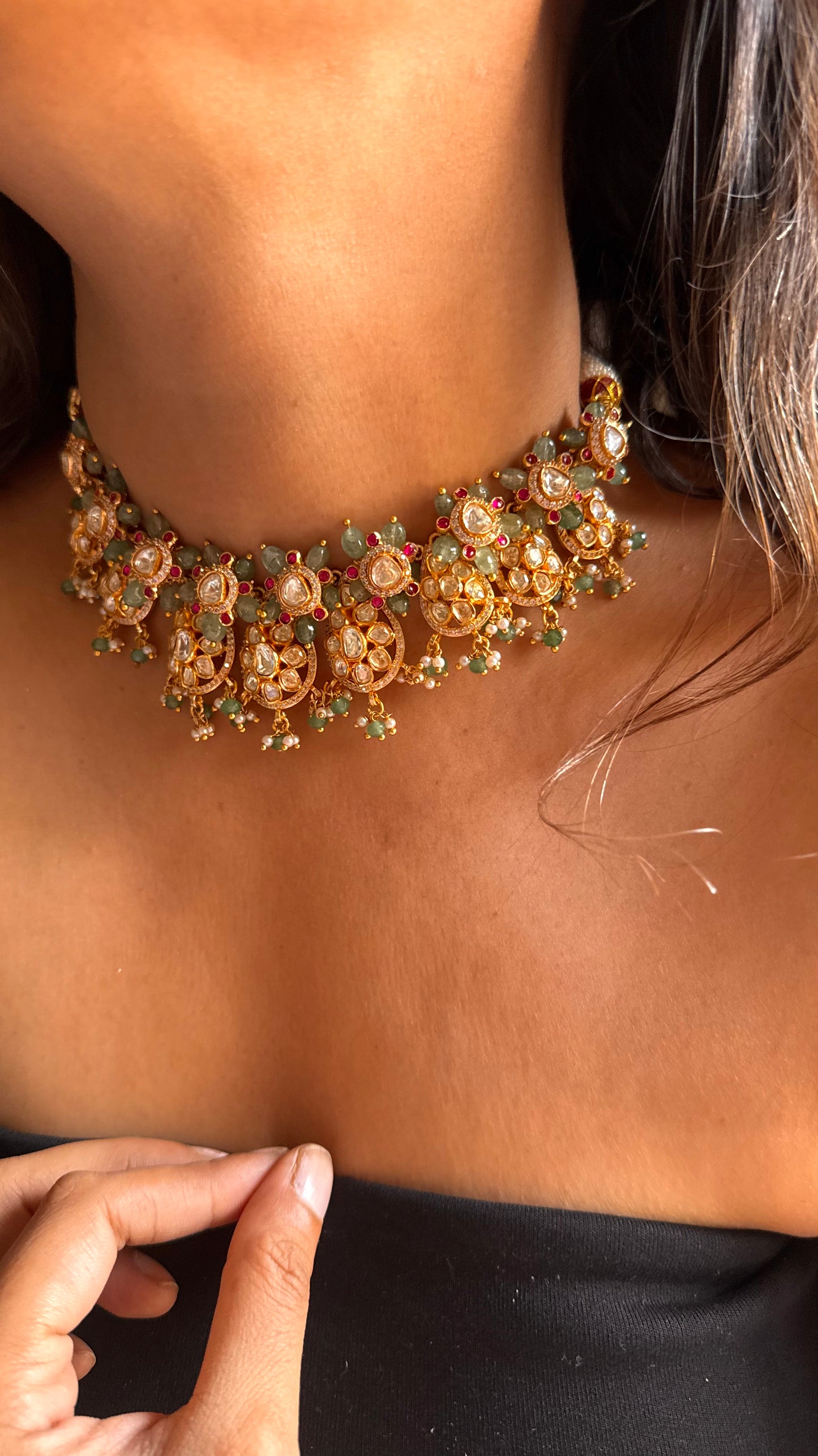 Real  moissanite peeli polki with mint strawberry drops choker necklace