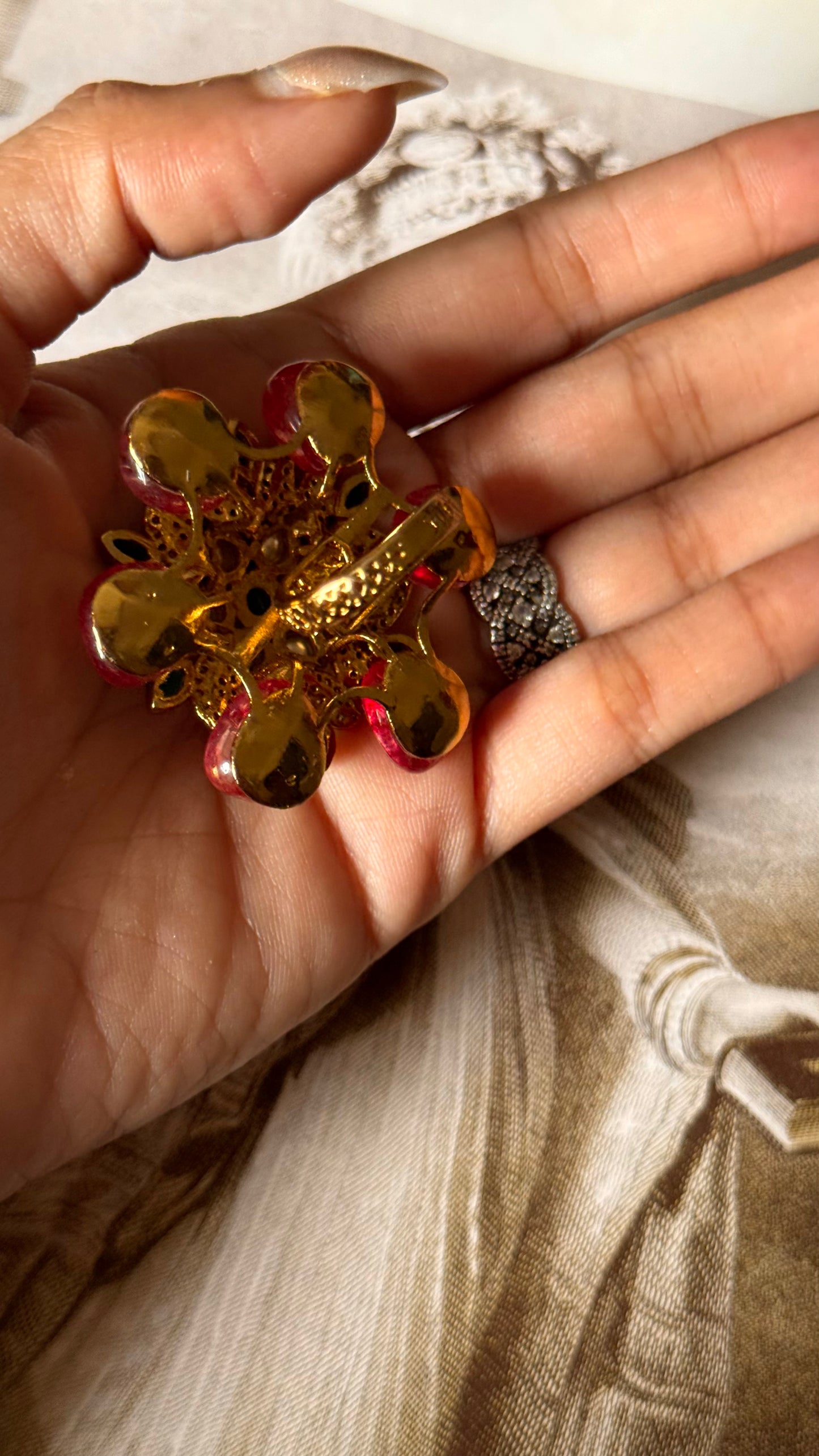 Ruby & emerald floral adjustable ring