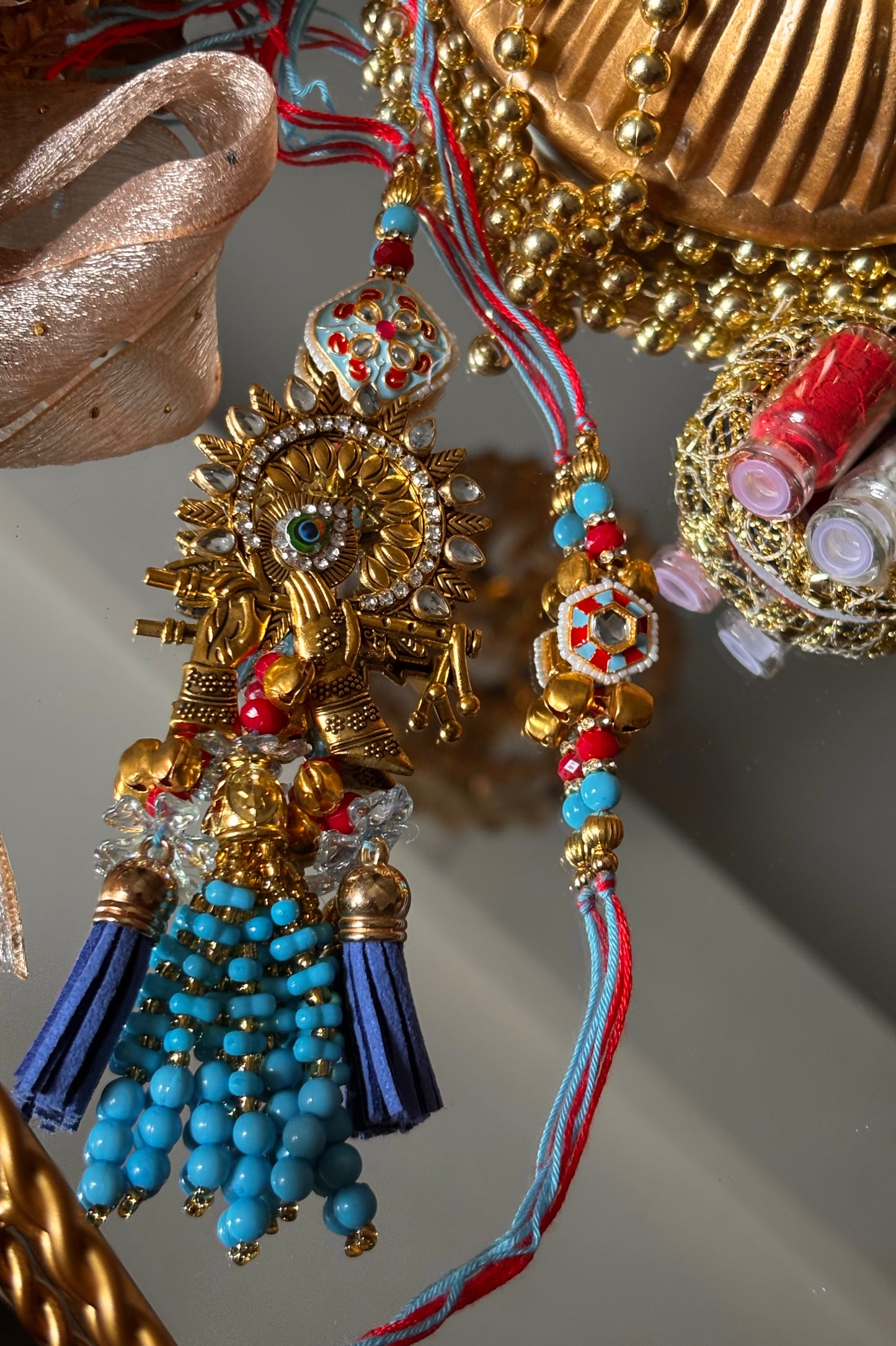 Lord Krishna bansuri meenakari firoza bhaiya bhabi rakhi ( shipping will be extra )