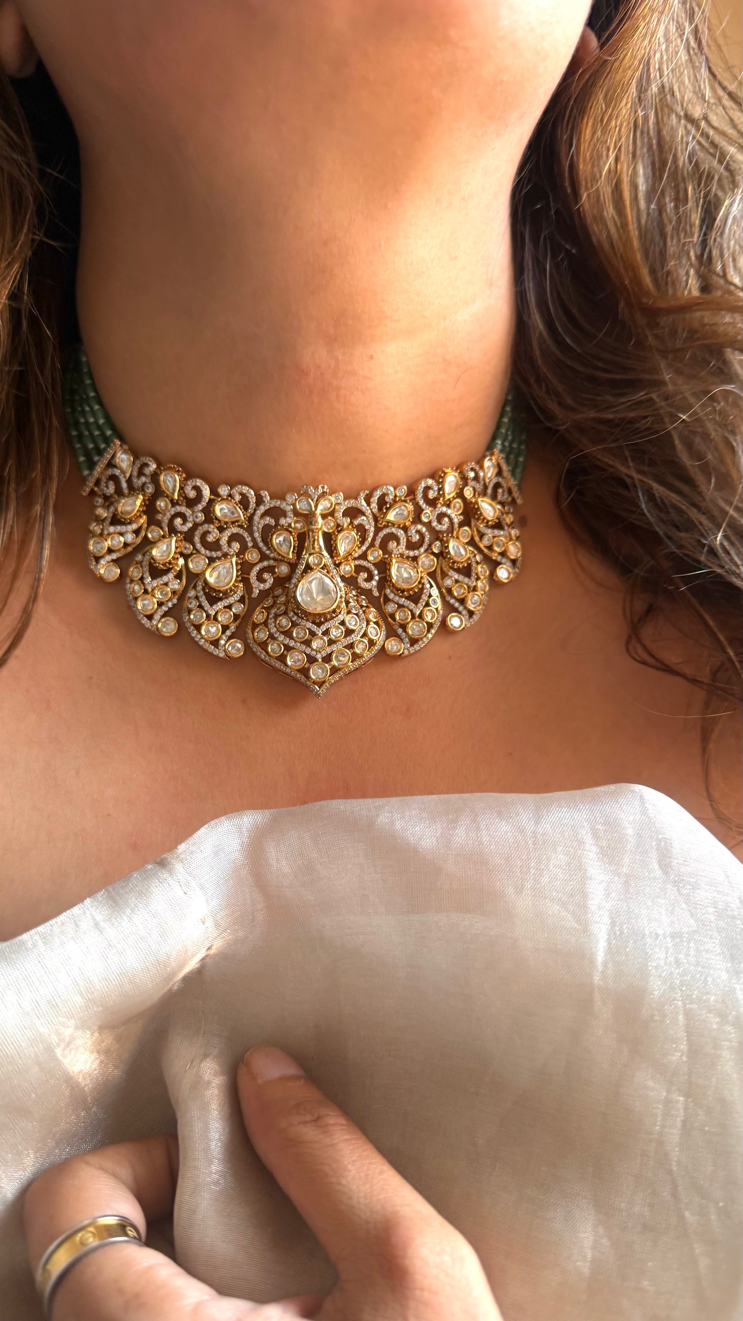 LV shade Polki designer choker with emerald string detailing