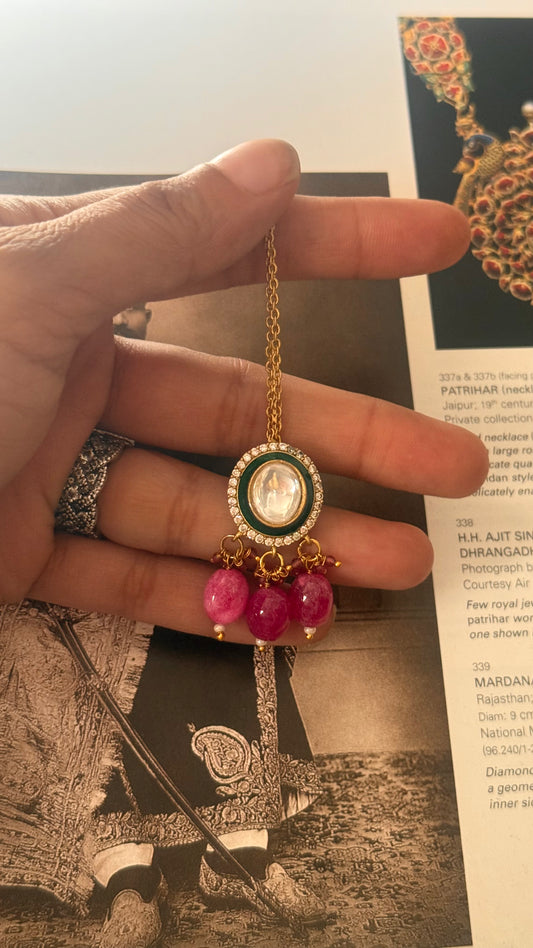 Emerald meenakari with ruby drop  maangtika