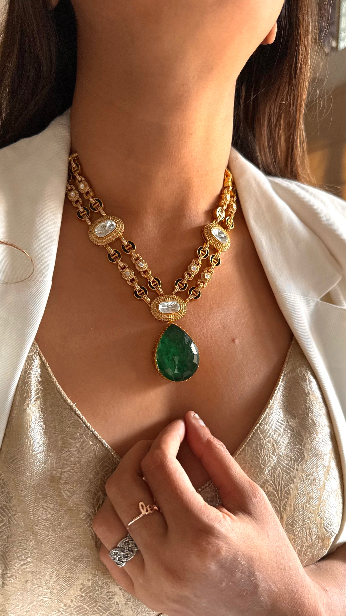 Rima Emerald drop moissanite polki collar necklace
