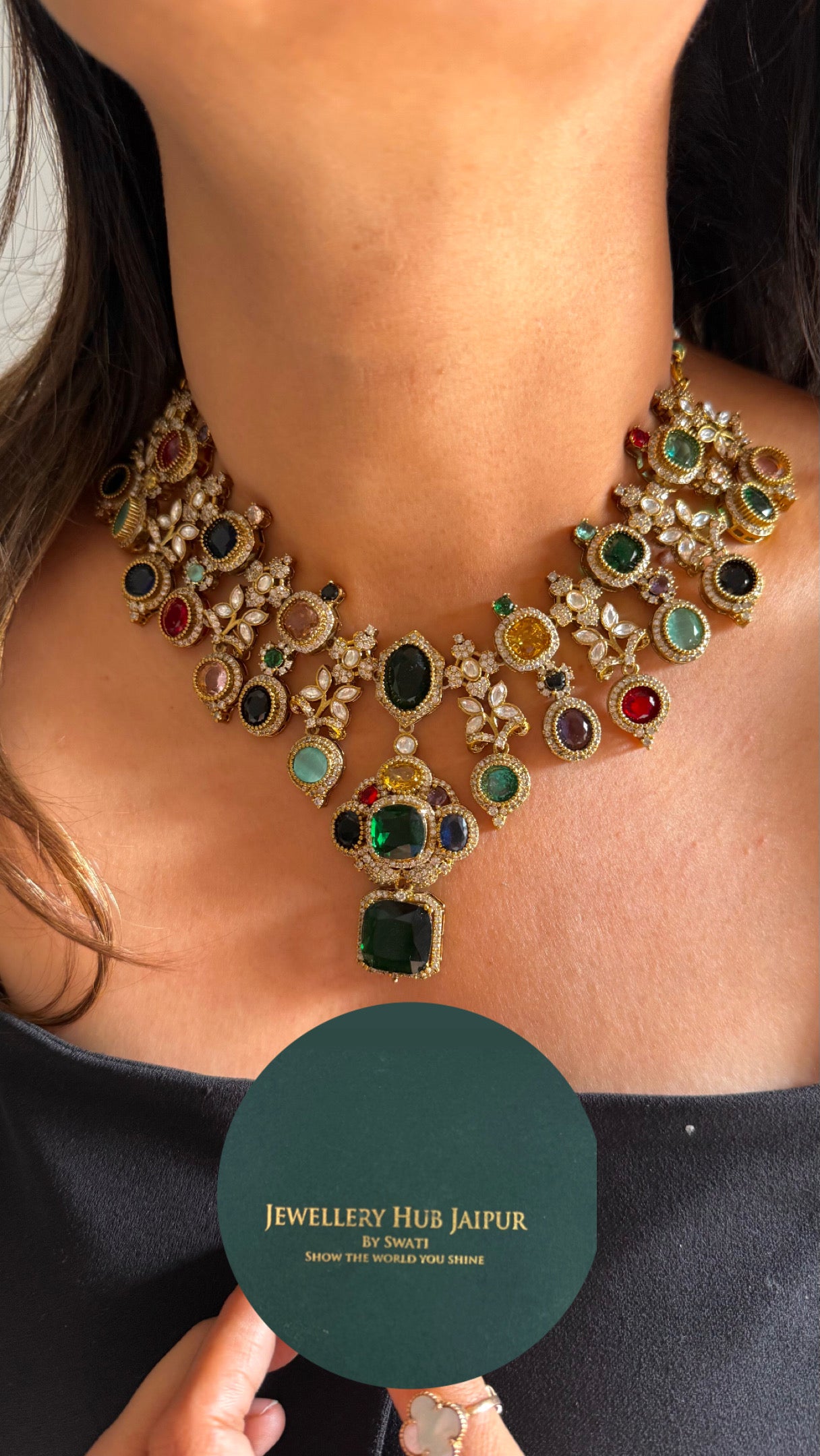 Mixed stone sabyasachi inspired designer collar necklace (emerald)